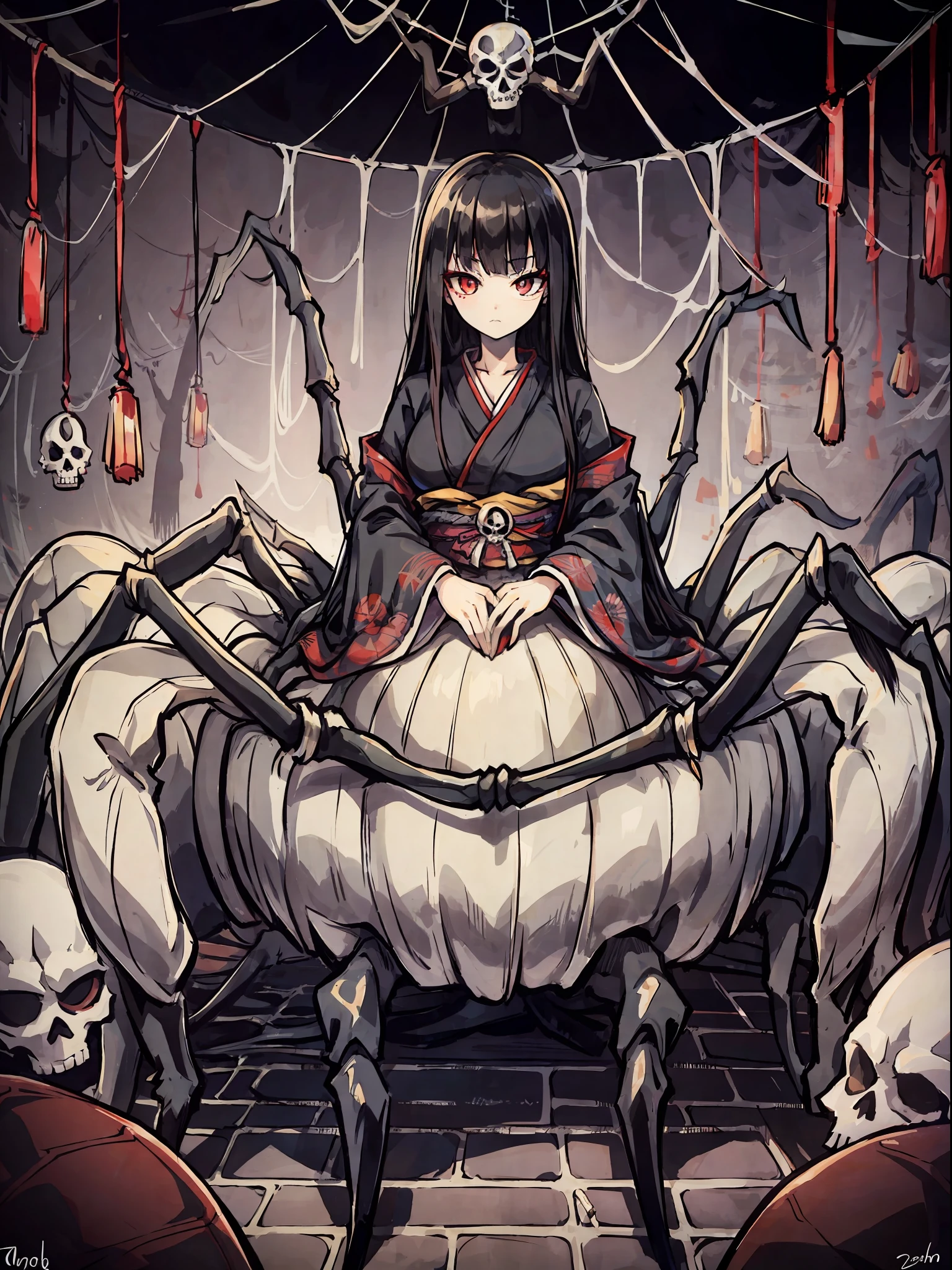 (Arachne: 1.5),
Master-piece, monster, solo, upper body bewitching beauty, lower body is a huge female spider, full body, kimono beauty, black hair straight, bangs snap, crimson lipstick, sink eyes, skull pattern on spider back, background is Japan castle, ruins, many spider webs, candlesticks, golden rays from the ceiling, skull, spider webs, high image quality, high definition, accurate drawing, detailed drawing,