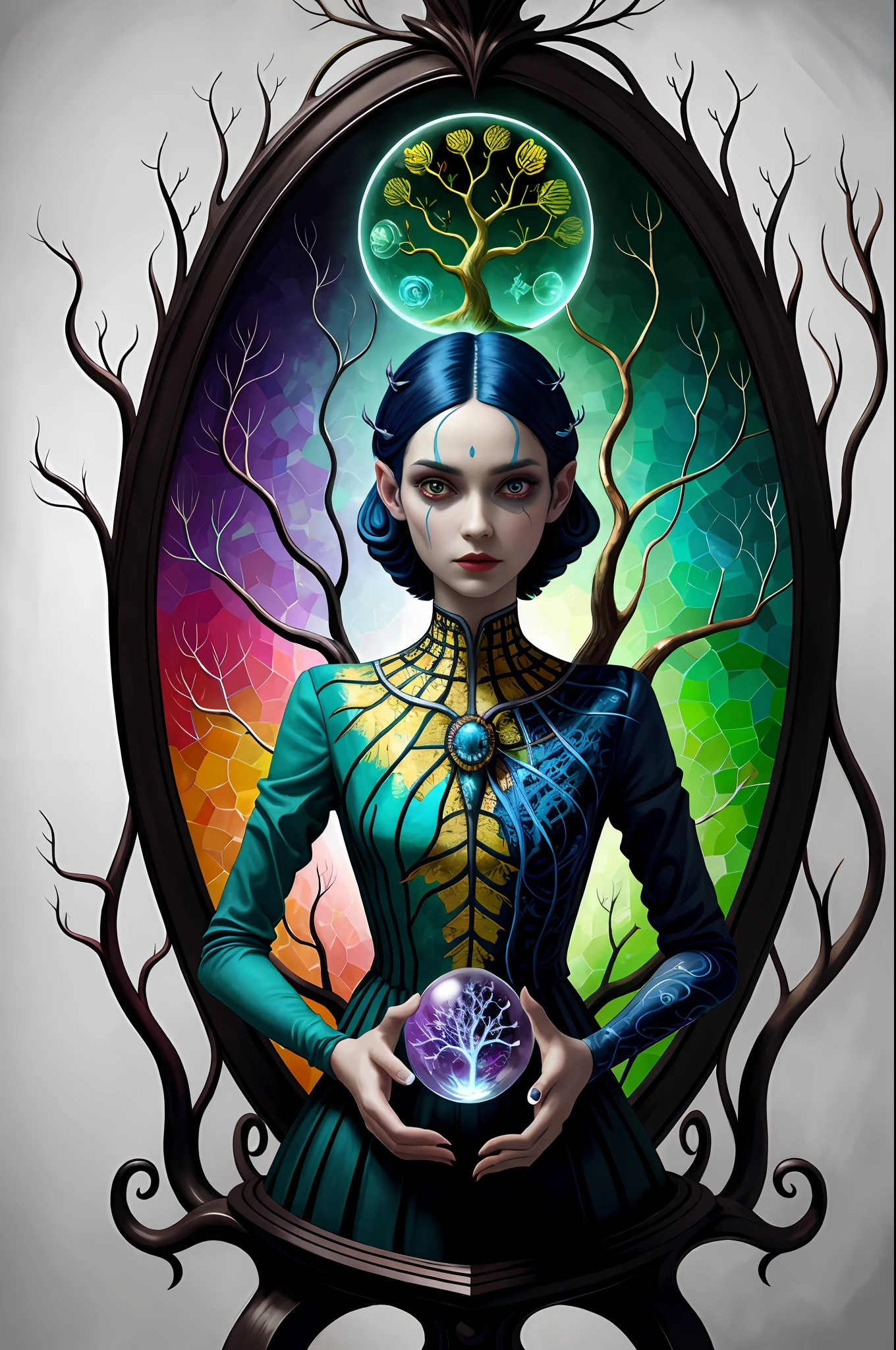 colorpop style, pointy hair, blue skin, natalie shau, mark ryden, alberto seveso, brooke shaden, anna dittmann, flora borsi, yin yang anthill, ant, lily, insect, fern, beautiful alien boy full body photo with oil painting, with thick brushstrokes and wet paint, fibonacci, golden ratio, melted wax, visible brush strokes, surrounded by crystal balls, 3D mosaic wireframe, neurographics, neurons, tree of life, color, love, passion, oil on canvas, thick brush strokes, crazy details, 8k uhd, masterpiece, art stand, surrealism