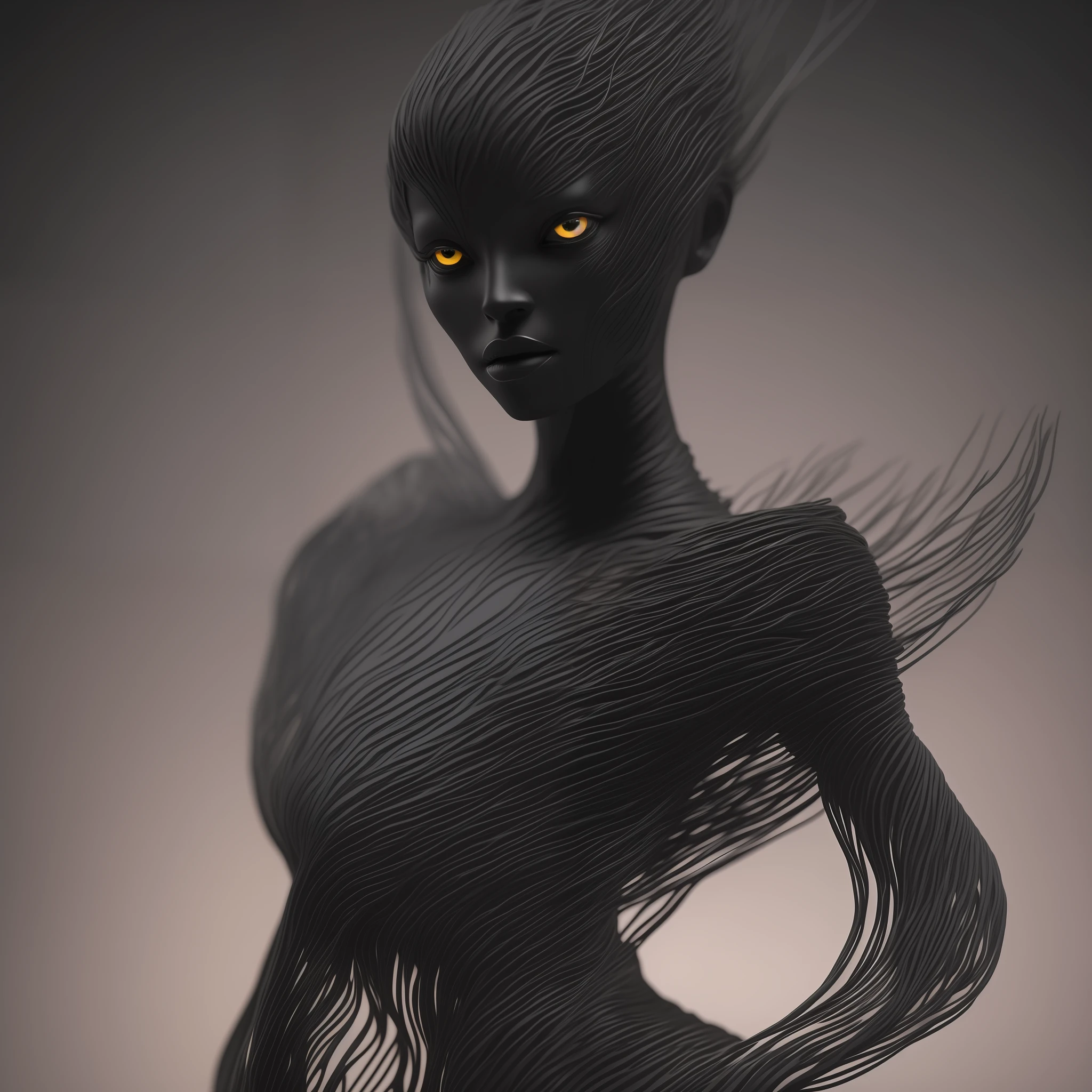 The creature is made of black filaments, she is tall and slender and totally black her eyes are like two small lights in the middle of her body all nail (ultra realistic) (8k) --auto --s2