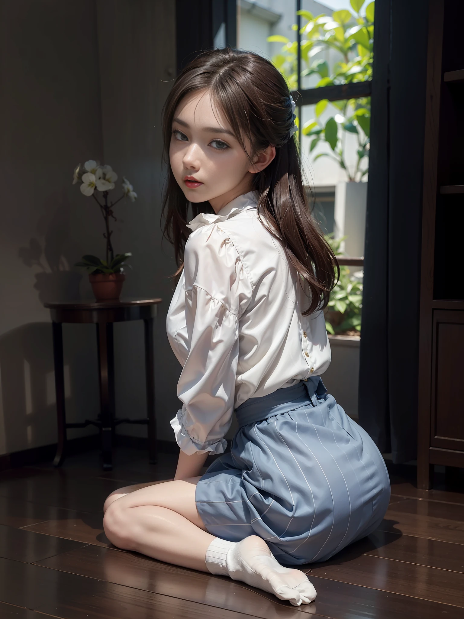 (Photoreal: 1.4), (Hyperrealistic: 1.4), (Realistic: 1.3), (Smooth Lighting: 1.05), (Improved Cinematic Lighting: 0.9), 32K, One Japan woman with a faint smile, realistic lighting, backlight, face lights, ray tracking, (Bright light: 1.2), (Quality improvement: 1.4), ( Realistic textured skin of the highest quality: 1.4), fine detailed eyes, detailed face, fine quality eyes, dark brown eyes, (tired, sleepy and satisfied: 0.0), pale lighting, white blouse with frills, bow tie, blue skirt with frills, floral white bra with ruffles, floral white with ruffles, sitting with knees bent, angle seen from the buttockng back at the camera through her buttocks, shinywhite silk socks with large ruffles on the edges.