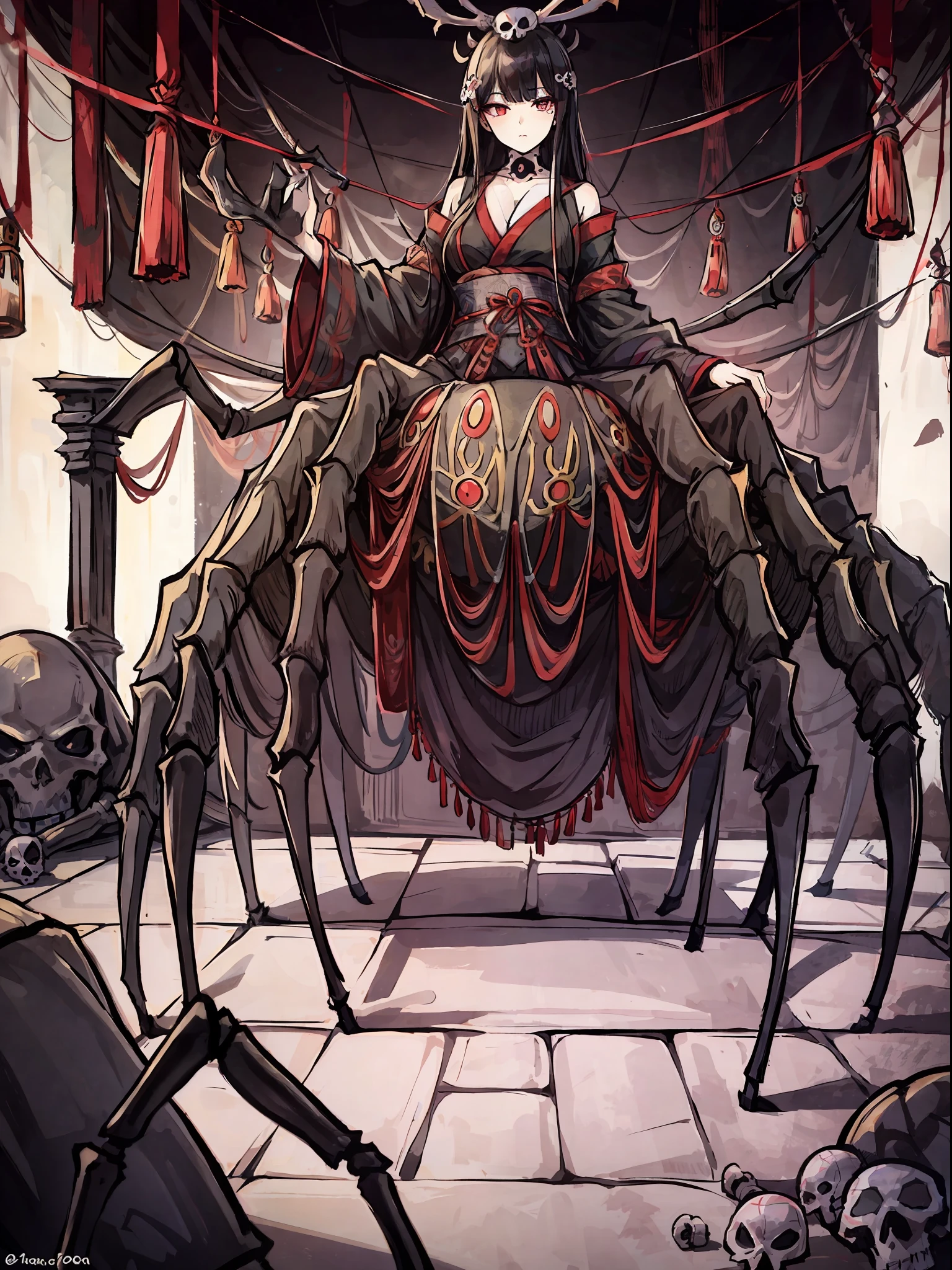 (Arachne: 1.5),
Master-piece, monster, solo, upper body bewitching beauty, lower body is a huge female spider, full body, kimono beauty, black hair straight, bangs snap, crimson lipstick, sink eyes, skull pattern on spider back, background is Japan castle, ruins, many spider webs, candlesticks, golden rays from the ceiling, skull, spider webs, high image quality, high definition, accurate drawing, detailed drawing,