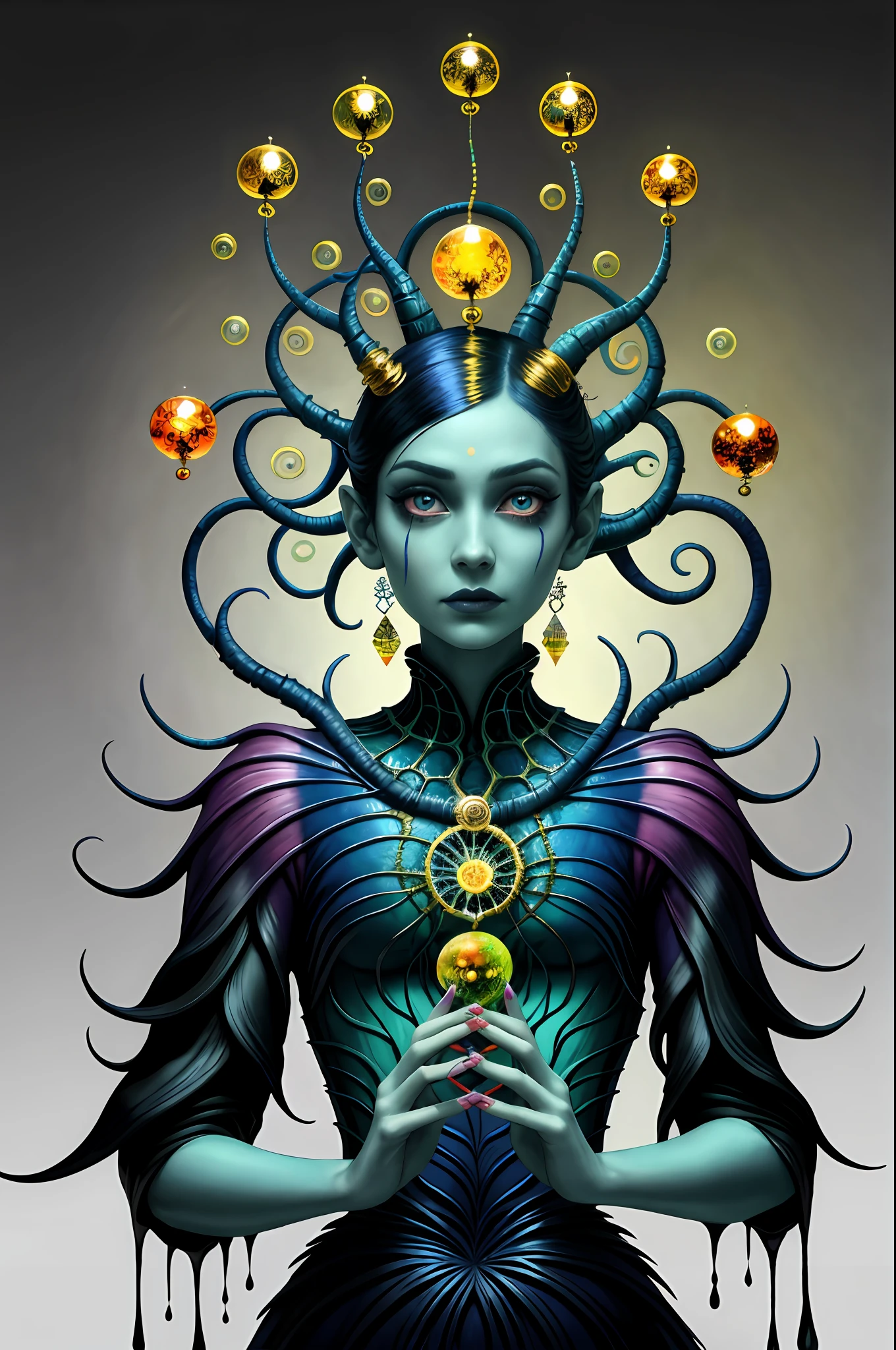 colorpop style, pointy hair, blue skin, natalie shau, mark ryden, alberto seveso, brooke shaden, anna dittmann, flora borsi, yin yang anthill, ant, lily, insect, fern, beautiful alien boy full body photo with oil painting, with thick brushstrokes and wet paint, fibonacci, golden ratio, melted wax, visible brush strokes, surrounded by crystal balls, 3D mosaic wireframe, neurographics, neurons, tree of life, color, love, passion, oil on canvas, thick brush strokes, crazy details, 8k uhd, masterpiece, art stand, surrealism