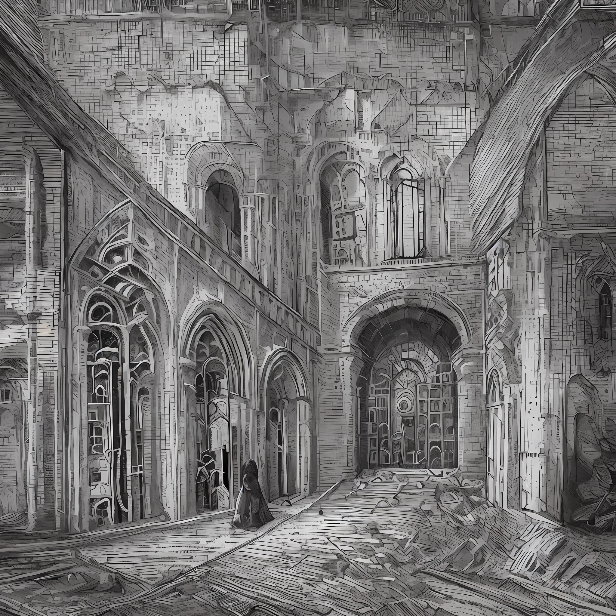 A handmade drawing in black and white on a parchment, open courtyard, ruin of an ancient fortress, overnight with ((dark and frightening looking figures)), frightening, masterpiece, detailed, handmade, artbook, pencil, art, (Leonardo da Vinci), abandoned, destroyed, roofless, shadow, darkness, ghosts, drow, (panoramic drawing, panoramic image)
