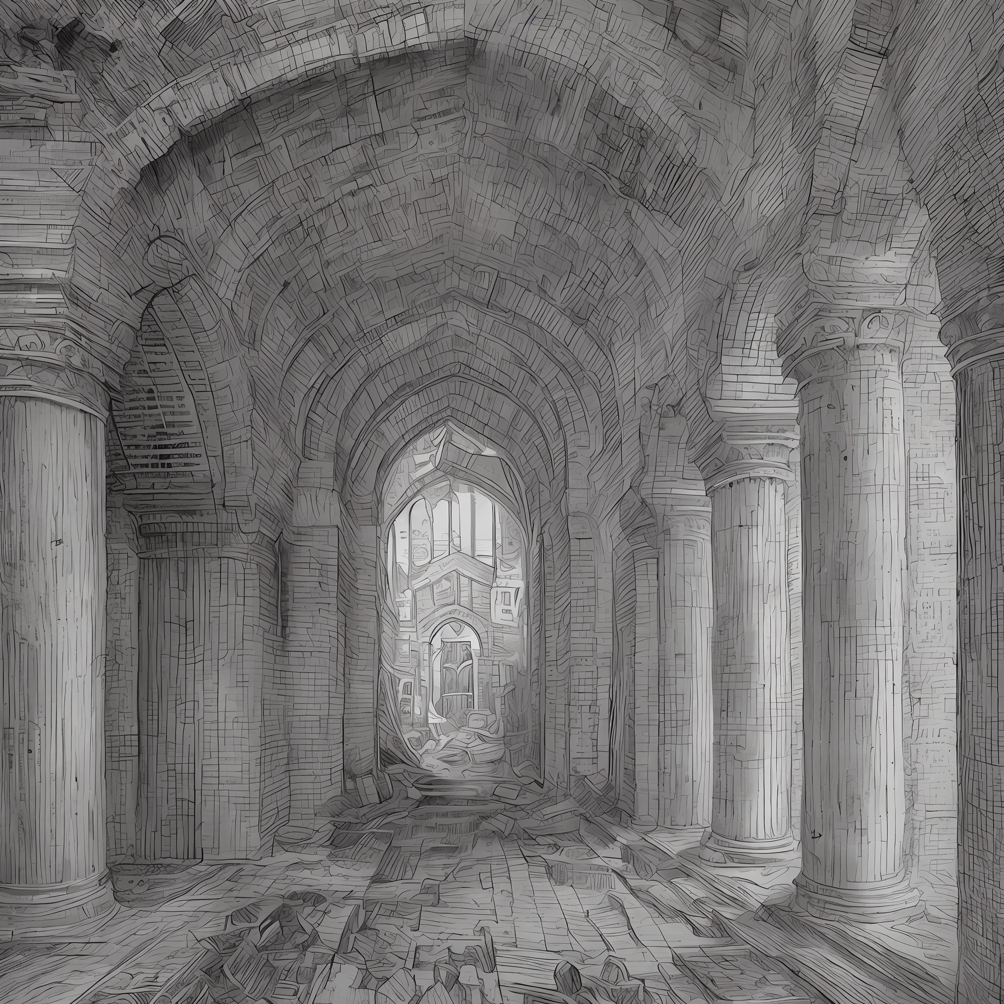 A handmade drawing in black and white on a parchment, open courtyard, ruin of an ancient fortress, overnight with (shadowy and frightening looking figures), frightening, masterpiece, detailed, handmade, artbook, pencil, art, (Leonardo da Vinci), abandoned, destroyed, homeless,