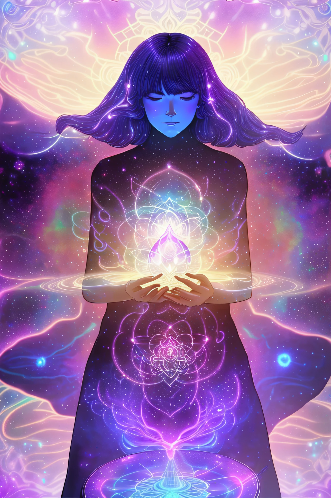 a close up of a person holding a glowing object in their hands, jen bartel, aura of power. detailed, glowing black aura, beeple and jeremiah ketner, glowing from within, elemental guardian of life, purple aura, holy fire spell art, emitting psychic powers, visionary art style, ethereal essence, ascended, astral ethereal