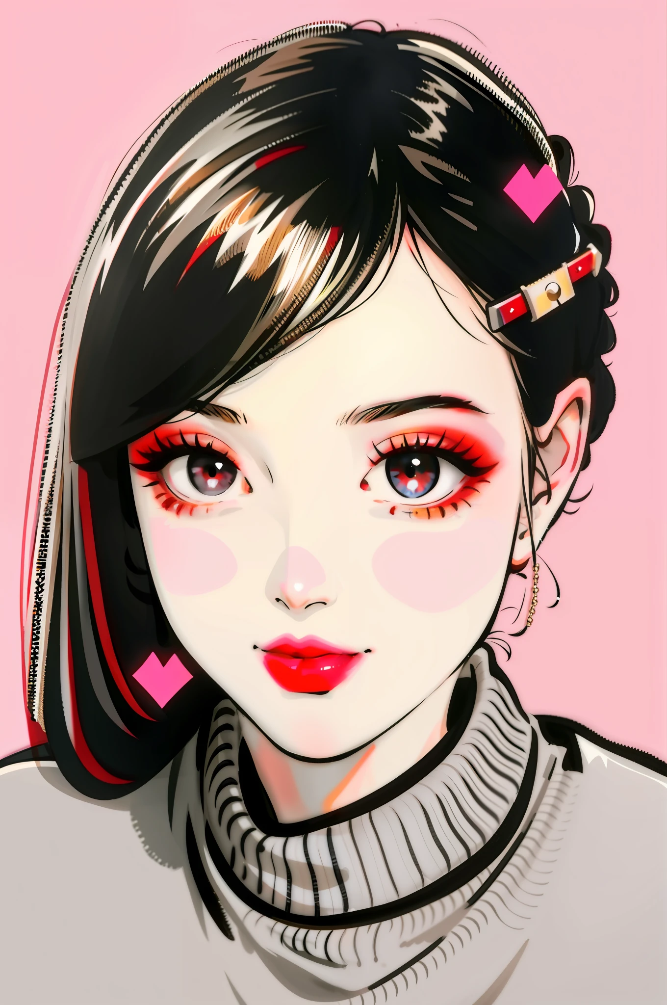 1girl, black eyes, black hair, closed mouth, grey sweater, hair ornament, hair clip, heart, lips, lipstick, looking viewer, makeup, portrait, red lips, simple background, sleeves cover wrist, smile, solo, sweater, white background,(masterpiece:1.4),(best quality: 1.4),(glossy skin),chch-style