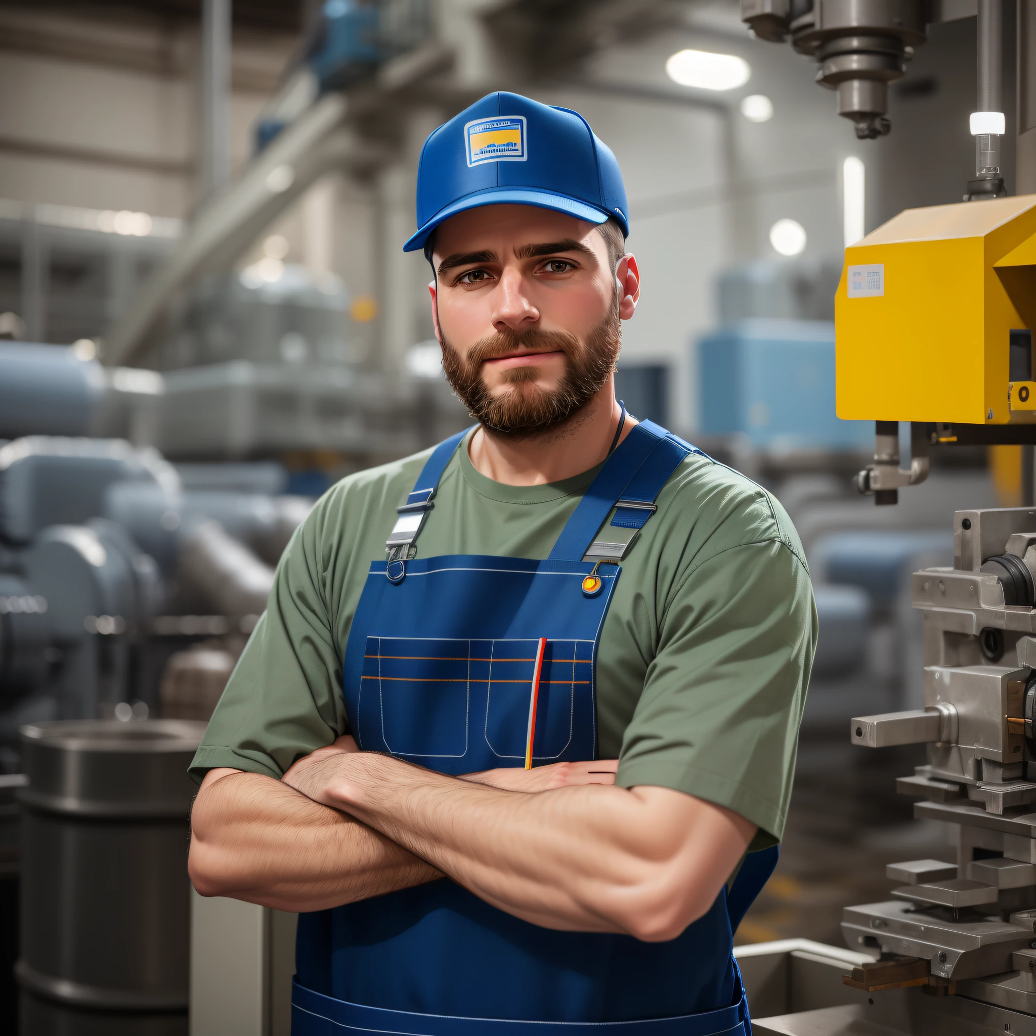 A man in a blue work uniform standing in front of a machine, in a factory, standing in a factory, production, inspect inventory image, illustration, commercial photo, small production, wearing uniforms, industrial photography, marketing photo