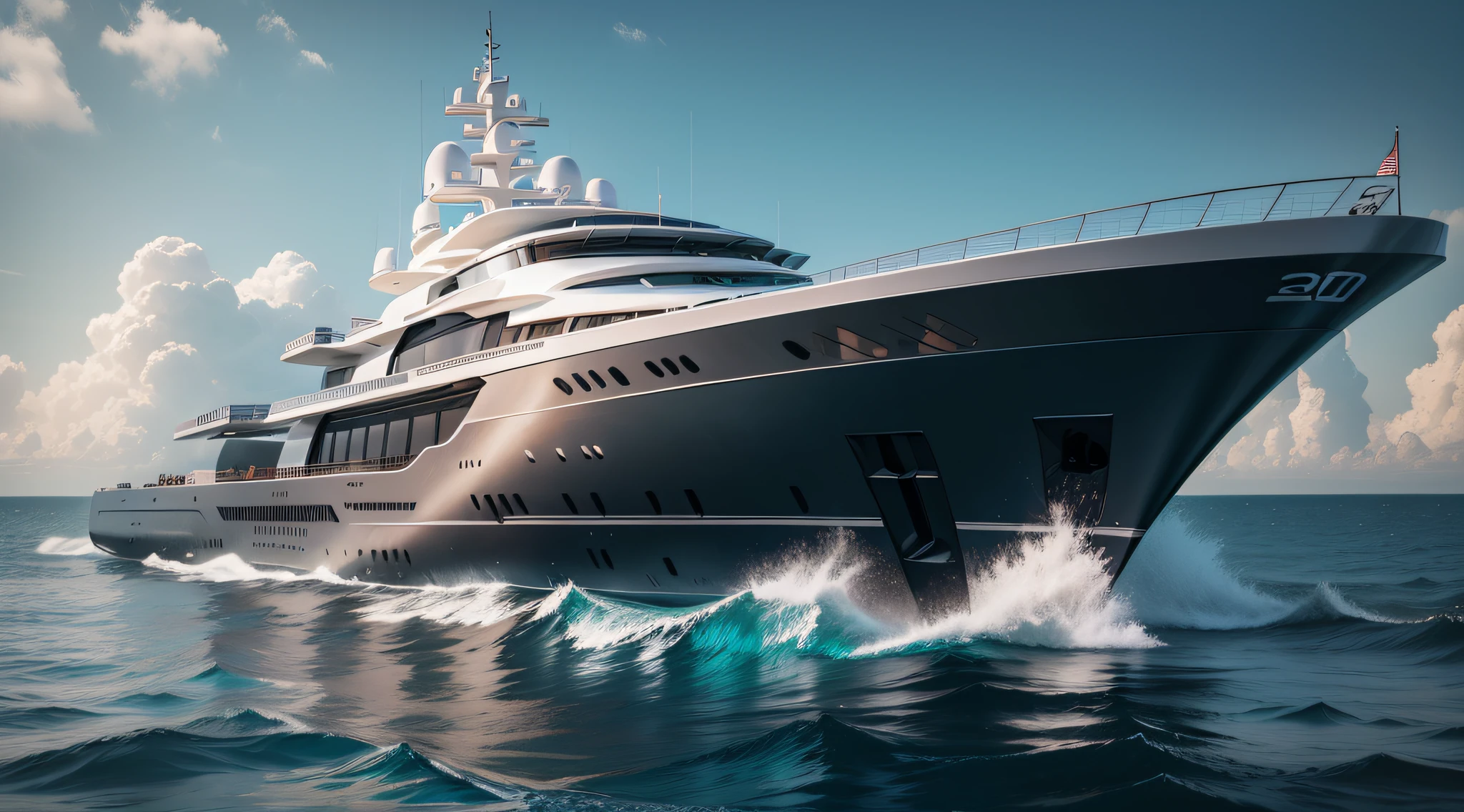 best quality, masterpiece, an exotic yacht in the style of [Call of Duty]::2 in the style of Yachts International Magazine --ar 3:2 --q 2 --s 500 --c 30, futuristic, technological, abstract, arc design, beautiful, minimalist, curved design, simple background,