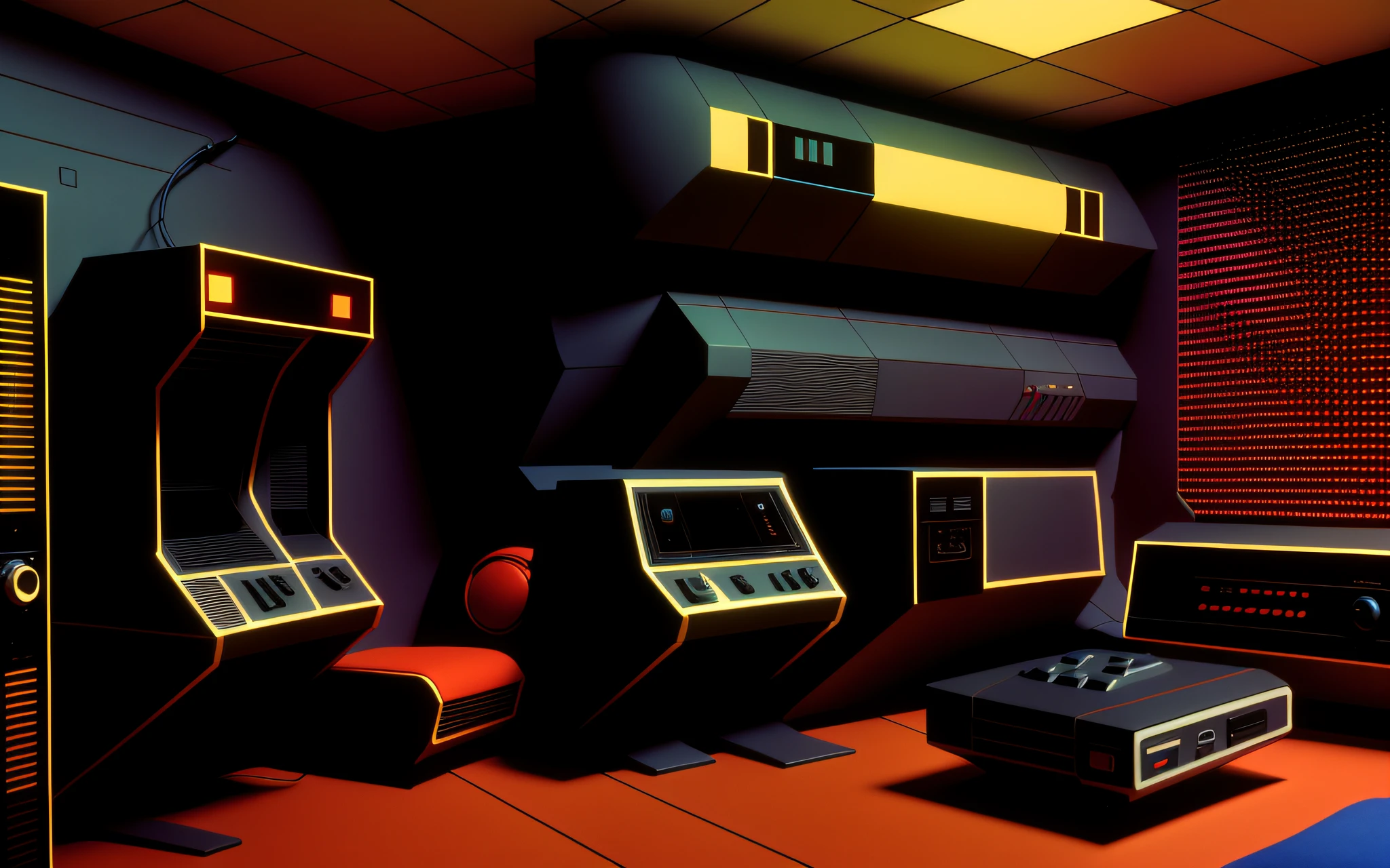 Photo of a futurism room with an Atari 2600 in the 80s