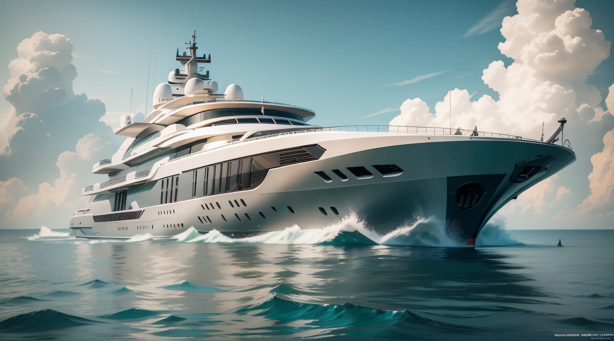 best quality, masterpiece, an exotic yacht in the style of [Call of Duty]::2 in the style of Yachts International Magazine --ar 3:2 --q 2 --s 500 --c 30, futuristic, technological, abstract, arc design, beautiful, minimalist, curved design, simple background,