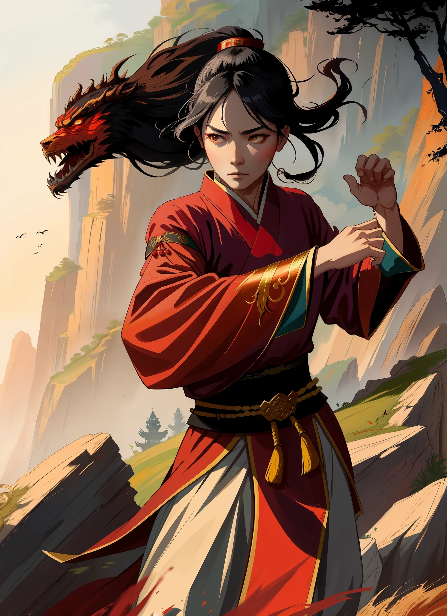 Ancient mythology of China, traditional style, Greg Rutkowski, shy queen, fantasy isekai, wuxia genre, training kung fu, (highly stylized art style), landscape