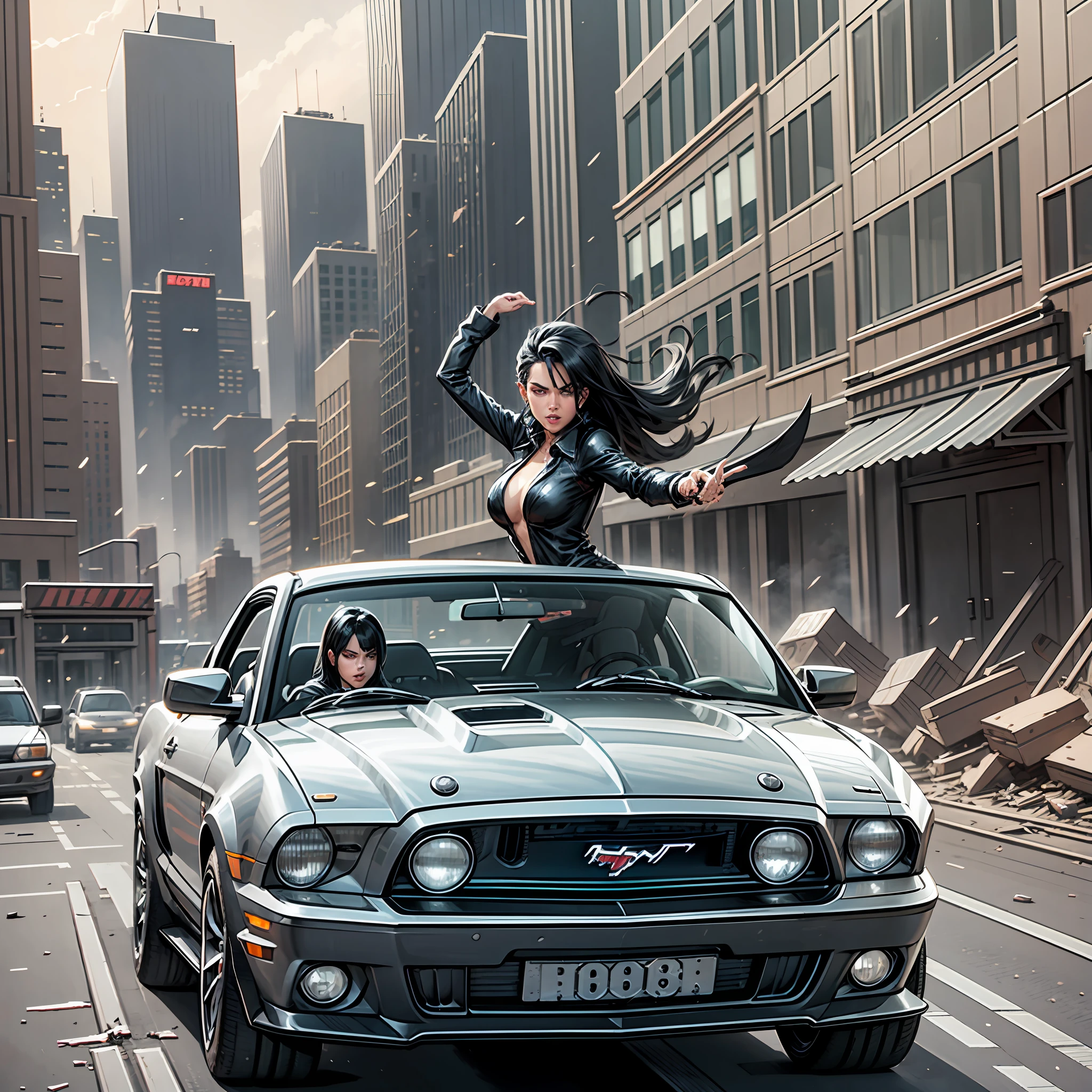 city destroyed in chaos, Godic woman with black hair driving the car (mustang 90). Comic without colors.