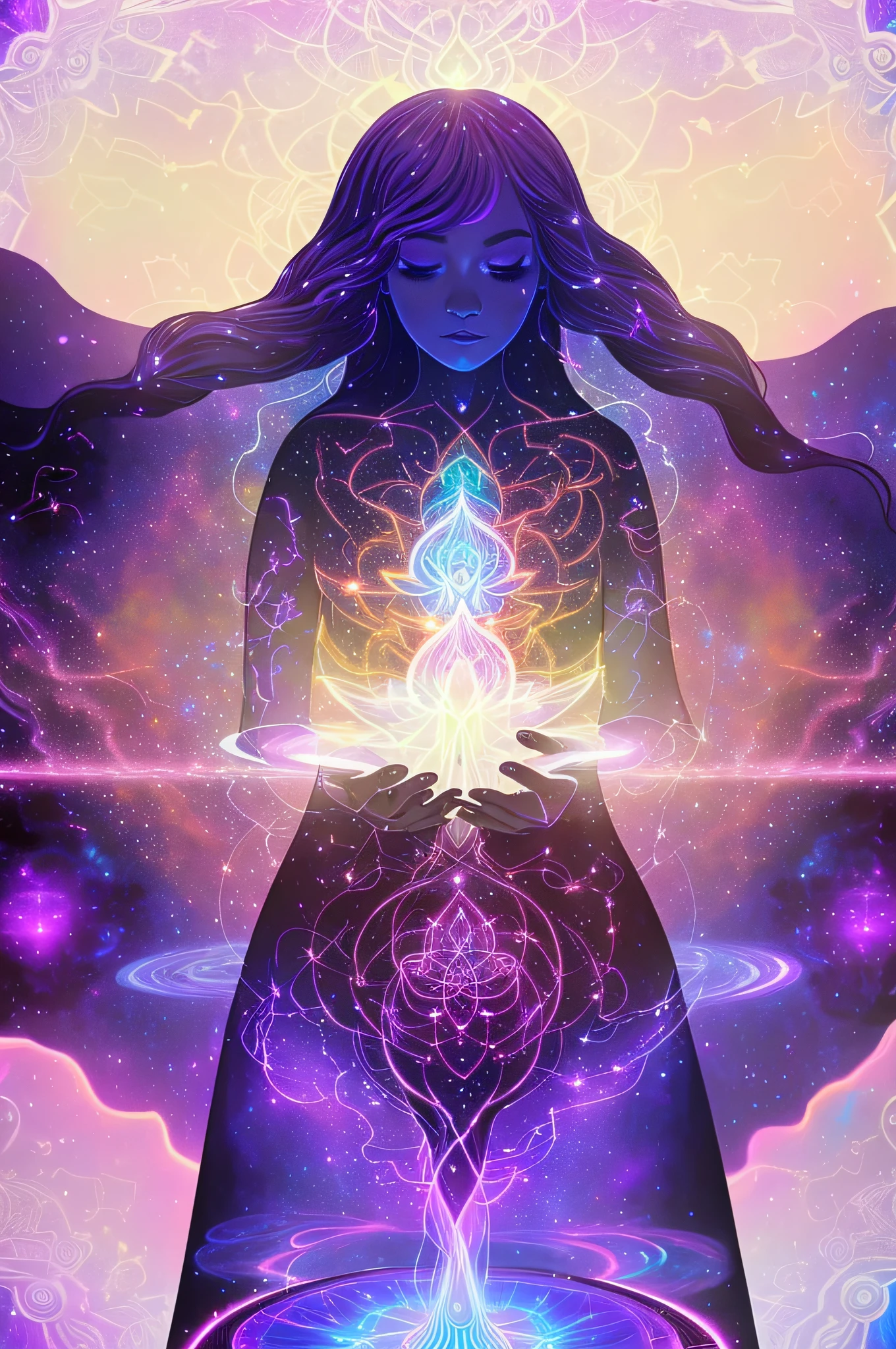 a close up of a person holding a glowing object in their hands, jen bartel, aura of power. detailed, glowing black aura, beeple and jeremiah ketner, glowing from within, elemental guardian of life, purple aura, holy fire spell art, emitting psychic powers, visionary art style, ethereal essence, ascended, astral ethereal