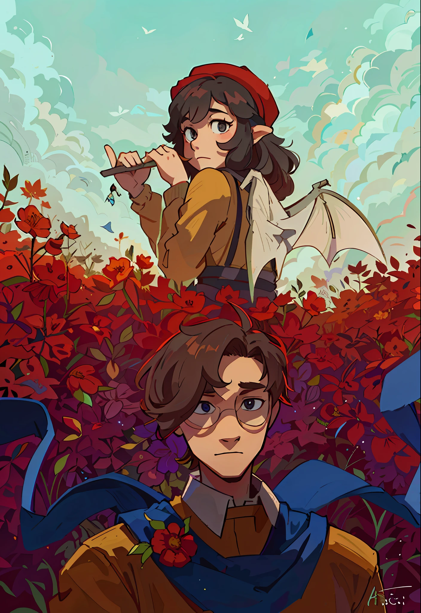 There are two pictures of a man and a woman in a flower field, official fanart, high-quality fanart, cute, satoshi kon artstyle, official fan art, detailed fanart, highly detailed exquisite fanart, official art, inspired by Satoshi Kon, Monet and da Vinchi art style, critical role L, the prince of flowers, Caleb of critical paper, 🍁  (best quality: 0.8), (best quality: 0.8), perfect anime illustration, close-up portrait