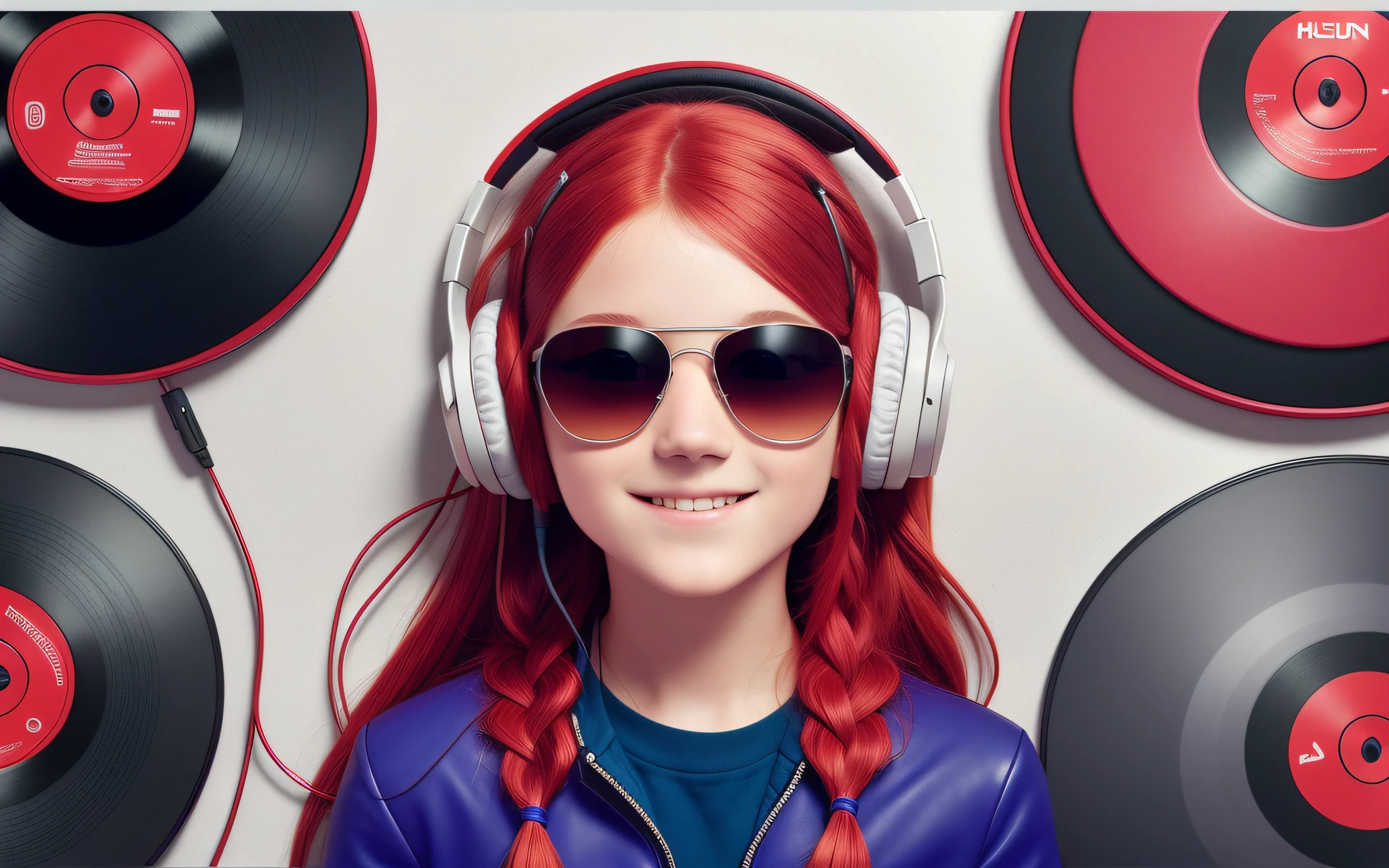 girl 12 years old, long red hair of braids,portrait, with headphones and sunglasses, smiling and holding hands up, RED LEATHER JACKET, girl wearing headphones, listening to music, wearing headphones, with headphones, with headphones, wearing a headset, vibrating with music, listening to pious music, Using headphone jack, using headset for gaming, tinnitus, high quality portrait, headphones on, , digital art H 9 6 0,, (white background: 1.3). , A closeup of a CD and a CD box on a table, Packshot, CDs, CD Jacket, DVD Package, Medium Close Shot, Detailed Product Image, Medium Wide Shot, Medium Closeup, Close Medium Shot, New Boards of Canada album cover, soft vinyl, round format, Boards of Canada album cover, BLU - Ray Transfer 5 K, Fujifilm"