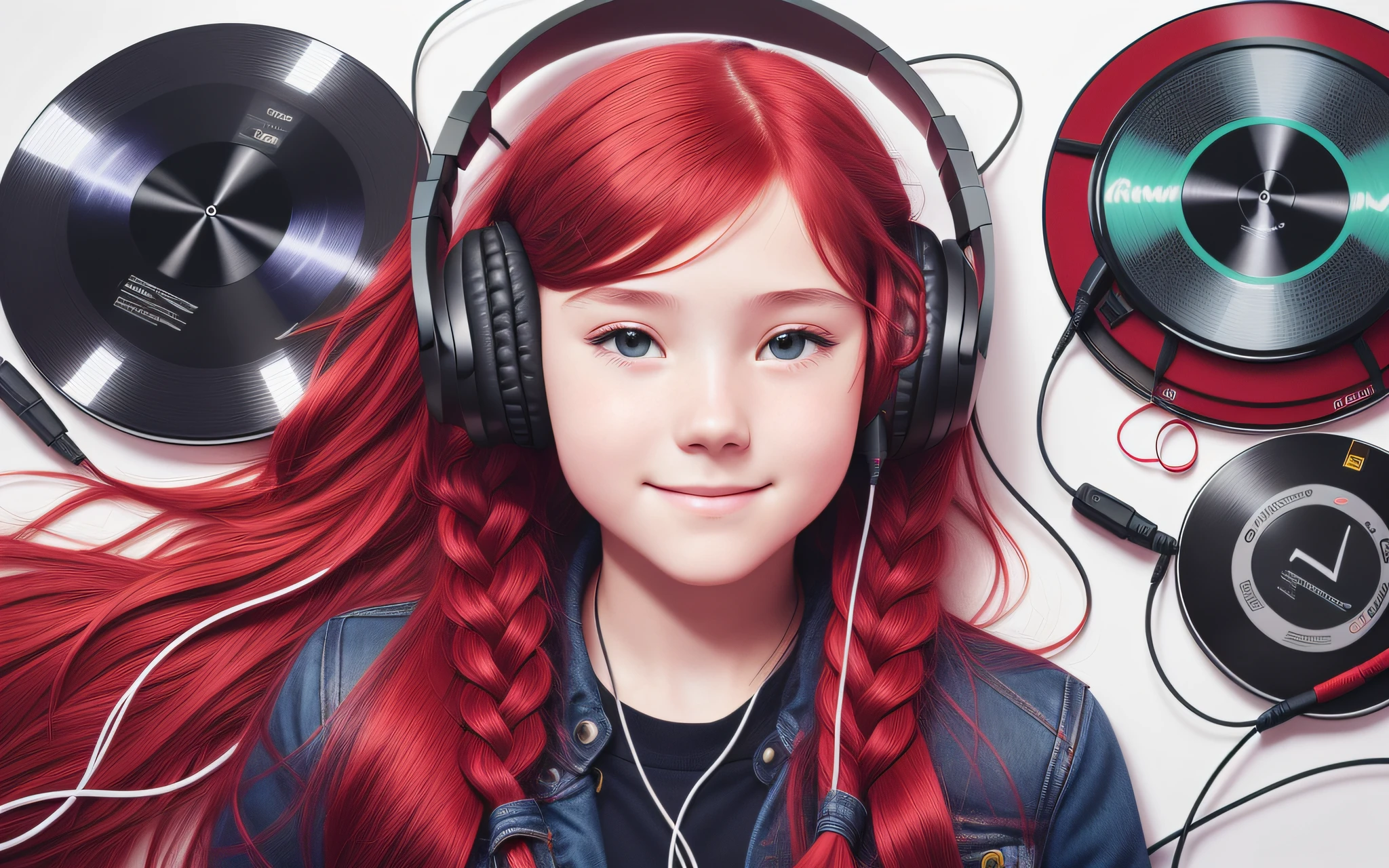 girl , long red hair of braids,portrait, with headphones and sunglasses, smiling and holding hands up, RED LEATHER JACKET, girl wearing headphones, listening to music, wearing headphones, with headphones, with headphones, wearing a headset, vibrating with music, listening to pious music,  Using headphone jack, using headset for gaming, tinnitus, high quality portrait, headphones on, , digital art H 9 6 0,, (white background: 1.3). , A closeup of a CD and a CD box on a table, Packshot, CDs, CD Jacket, DVD Package, Medium Close Shot, Detailed Product Image, Medium Wide Shot, Medium Closeup, Close Medium Shot, New Boards of Canada album cover, soft vinyl, round format, Boards of Canada album cover, BLU - Ray Transfer 5 K,  Fujifilm"