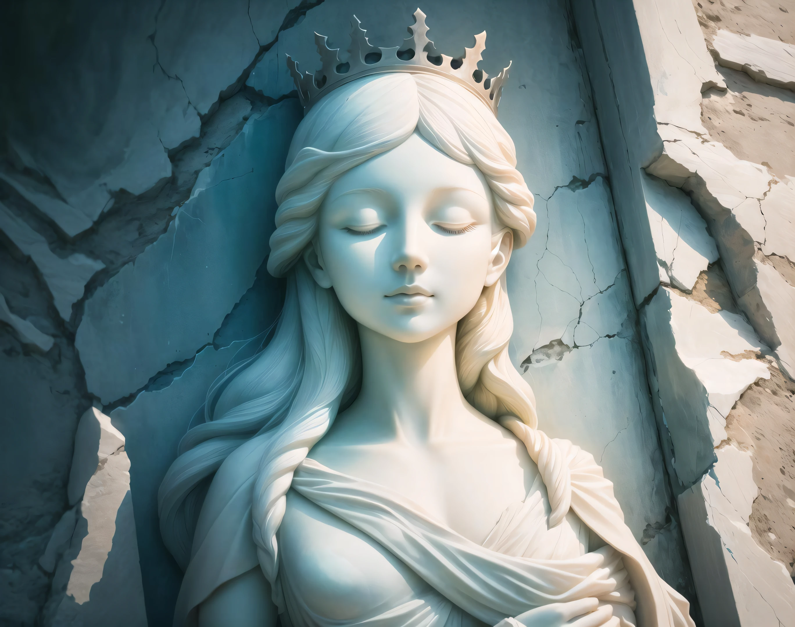((best quality)), ((masterpiece)), (detailed), Marble mural statue, (((A piece of old marble carved))) in the shape of a woman on a wall, ((cracks, dust, cobweb, spider web)), dark, particles, marble, closed eyes, crown, cracked statue, F/1.2, 85mm lens, shot with Nikon D850, detailed lighting, (((photograph, real life))), dramatic lighting, dramatic, ((ACES colorspace)), depth of field, archeological photography, cool color grading, white marble hair, white marble skin, white marble, (((no humans))), moonlight, (((cold lighting)))