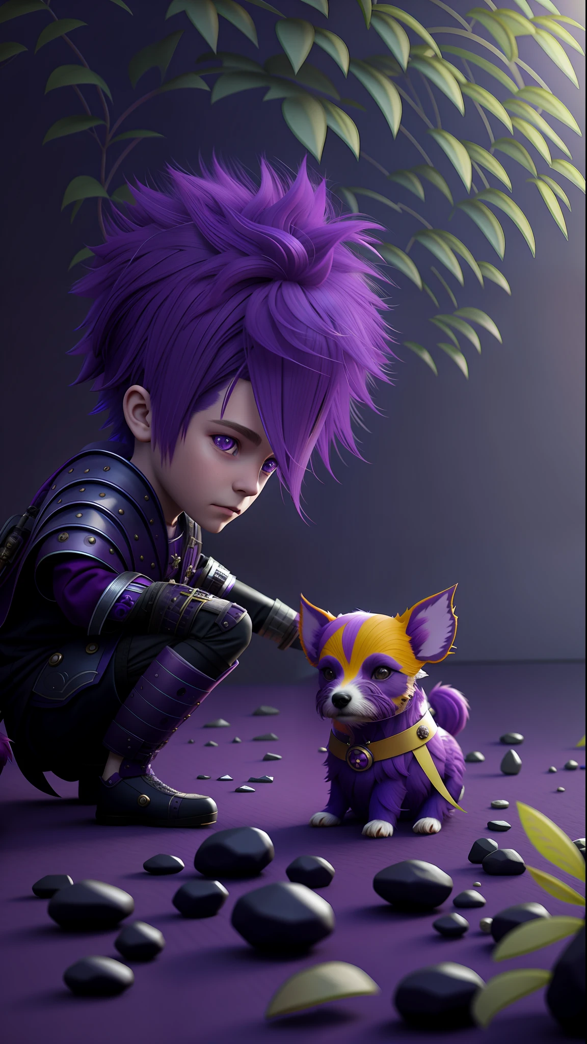 purple haired boy with purple hair and purple outfit kneeling next to a small dog, childrens art in artstation, adorable digital painting, fantasy style 8 k octane render, still from a fantasy movie, trending in cgsociety, fantasy art behance, epic fantasy digital art style, cgsociety contest winner, rolands zilvinskis 3d render art
