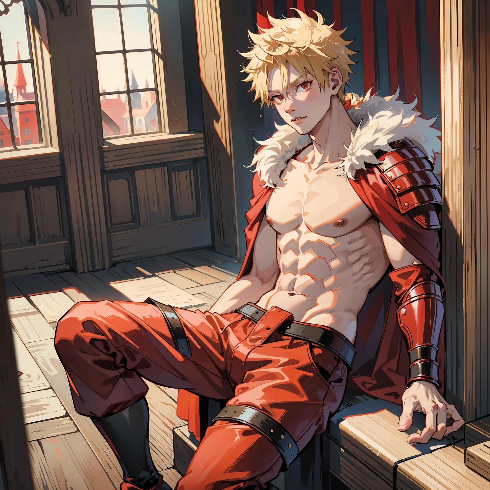 Bakugou Katsuki, knee-length blonde hair with braids, crimson red eyes, he is dressed in medieval pants, is shirtless showing his abdomen, but wears a red cape with animal fur, perfect appearance, high resolution, full body. Set in a medieval castle where it has various armor of soldiers.