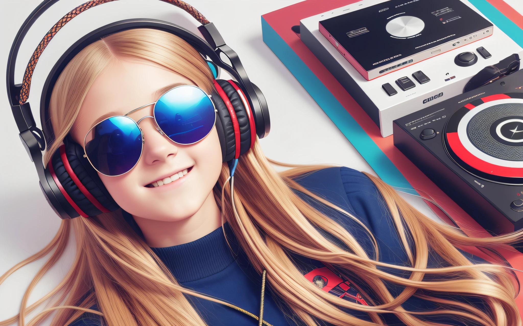 girl , long blonde hair of braids,portrait, with headphones and sunglasses, smiling and holding hands up, RED LEATHER JACKET, girl wearing headphones, listening to music, wearing headphones, with headphones, with headphones, wearing a headset, vibrating with music, listening to pious music, Using headphone jack, using headset for gaming, tinnitus, high quality portrait, headphones on, , digital art H 9 6 0,, (white background: 1.3). , A closeup of a CD and a CD box on a table, Packshot, CDs, CD Jacket, DVD Package, Medium Close Shot, Detailed Product Image, Medium Wide Shot, Medium Closeup, Close Medium Shot, New Boards of Canada album cover, soft vinyl, round format, Boards of Canada album cover, BLU - Ray Transfer 5 K, Fujifilm"