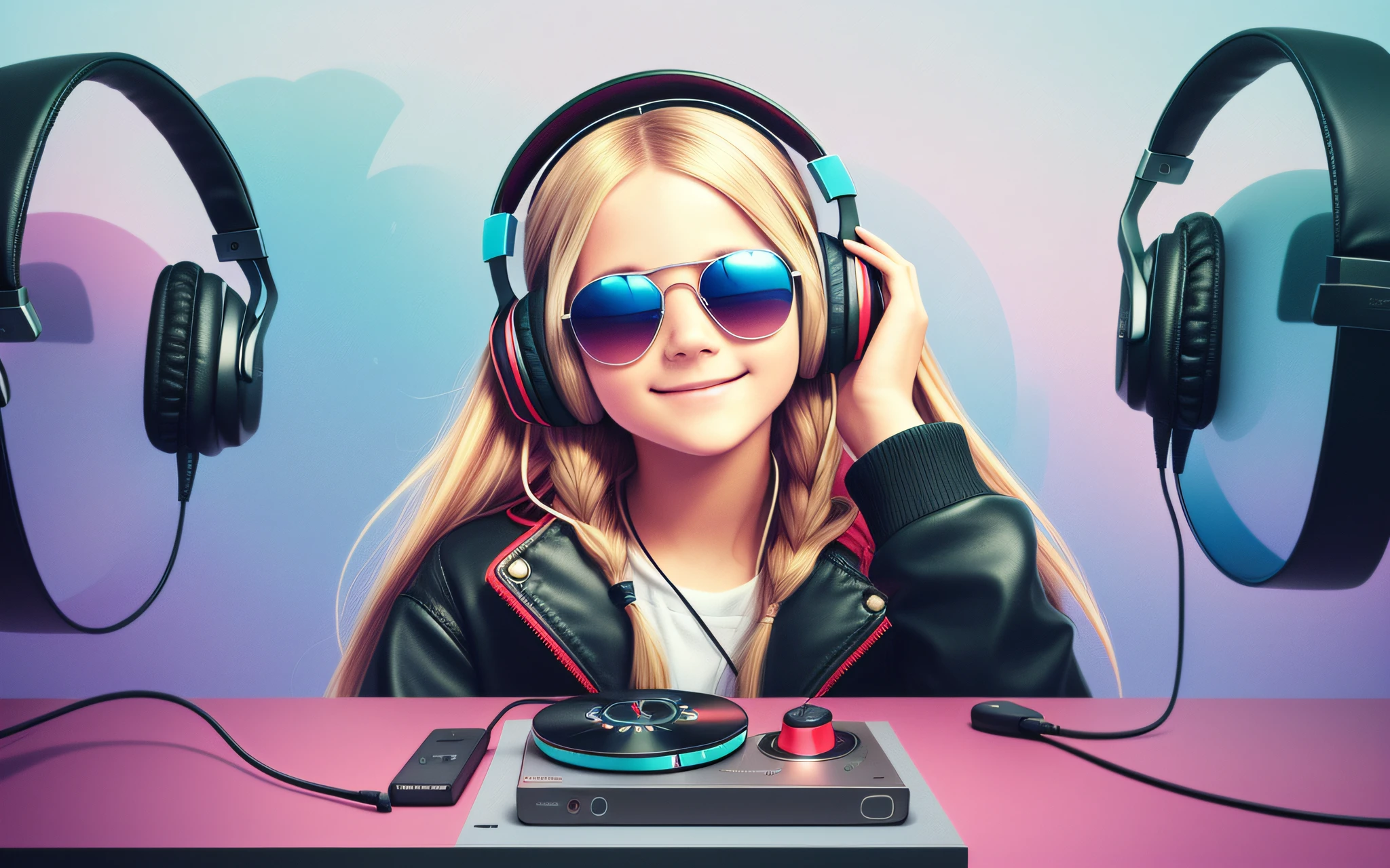 girl 12 years old, long blonde hair of braids,portrait, with headphones and sunglasses, smiling and holding hands up, RED LEATHER JACKET, girl wearing headphones, listening to music, wearing headphones, with headphones, with headphones, wearing a headset, vibrating with music, listening to pious music,  Using headphone jack, using headset for gaming, tinnitus, high quality portrait, headphones on, , digital art H 9 6 0,, (white background: 1.3). , A closeup of a CD and a CD box on a table, Packshot, CDs, CD Jacket, DVD Package, Medium Close Shot, Detailed Product Image, Medium Wide Shot, Medium Closeup, Close Medium Shot, New Boards of Canada album cover, soft vinyl, round format, Boards of Canada album cover, BLU - Ray Transfer 5 K,  Fujifilm"