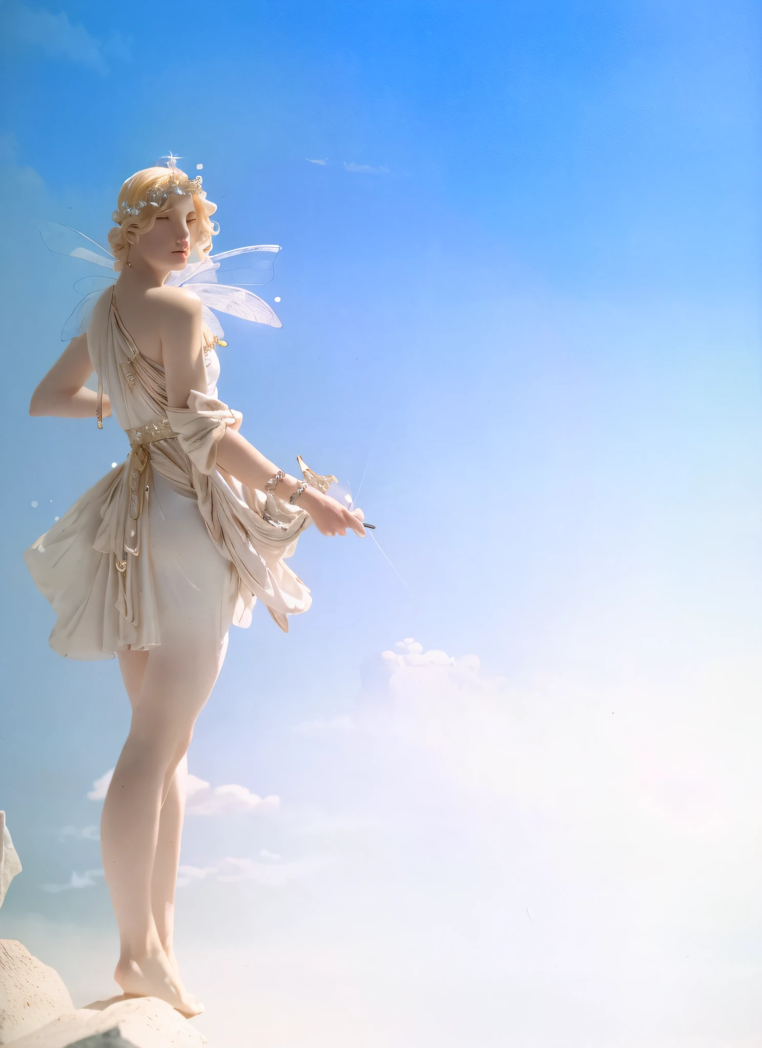 there is a woman in a white dress standing on a rock, a still of an ethereal, ethereal fantasy, stunning 3d render of a fairy, fantasy style 8 k octane render, incredibly ethereal, divine render, lost in a dreamy fairy landscape, stunning cgsociety, a stunning young ethereal figure, (octane render) fantasy style, ethereal and dreamy