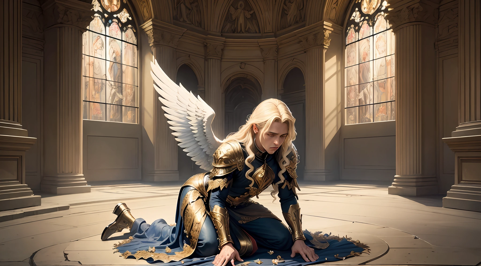 Work of art, (masterpiece), fantastic realism The archangel are Michael kneeling on all fours on the ground, sad angel, Angel with very detailed feathered wings, trsite face, blond hair, surrounded by hellfire, jail cell, black smoke from the ground, . --auto --s2