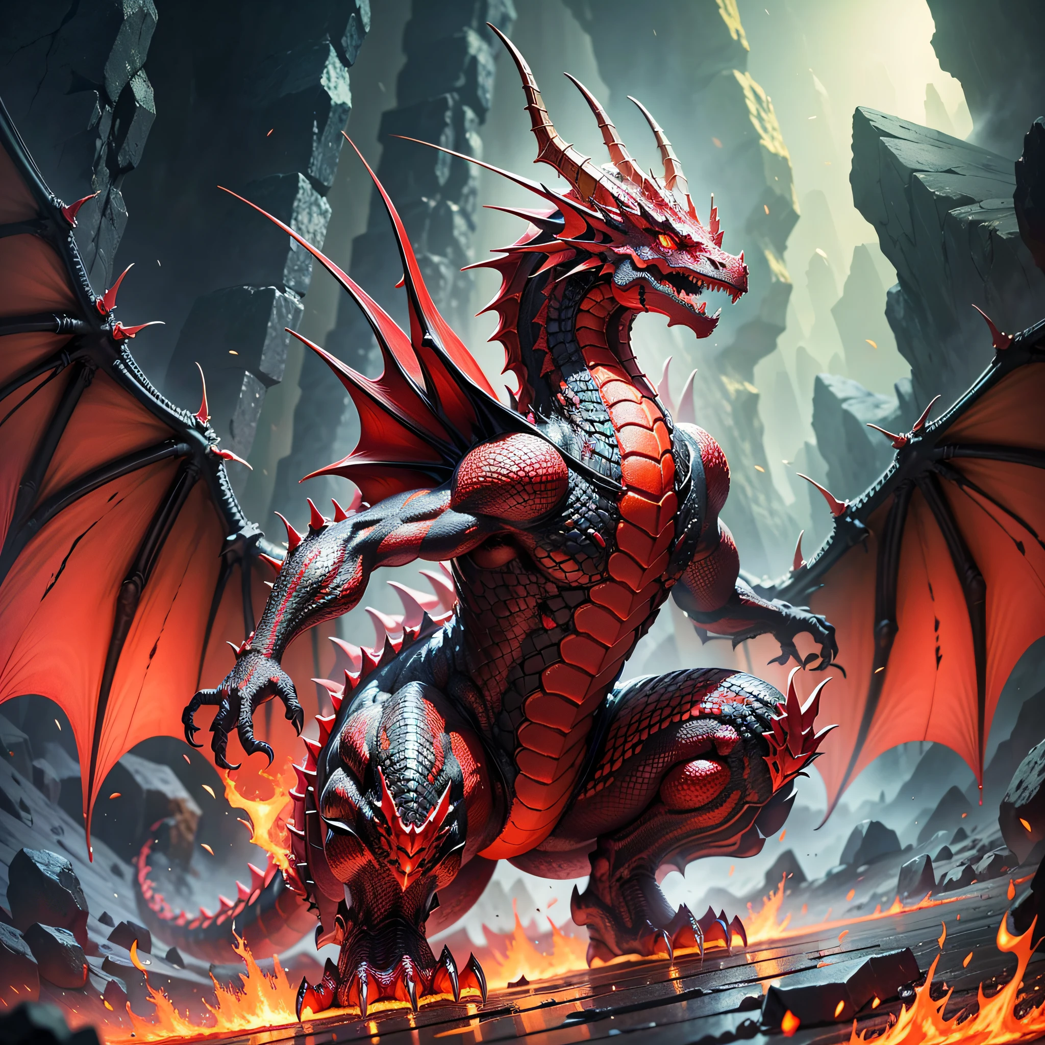 magma dragon. Its stout body is covered with scales of an intense red, which glow like burning embers. Volcanoes. magma. Cinema images.