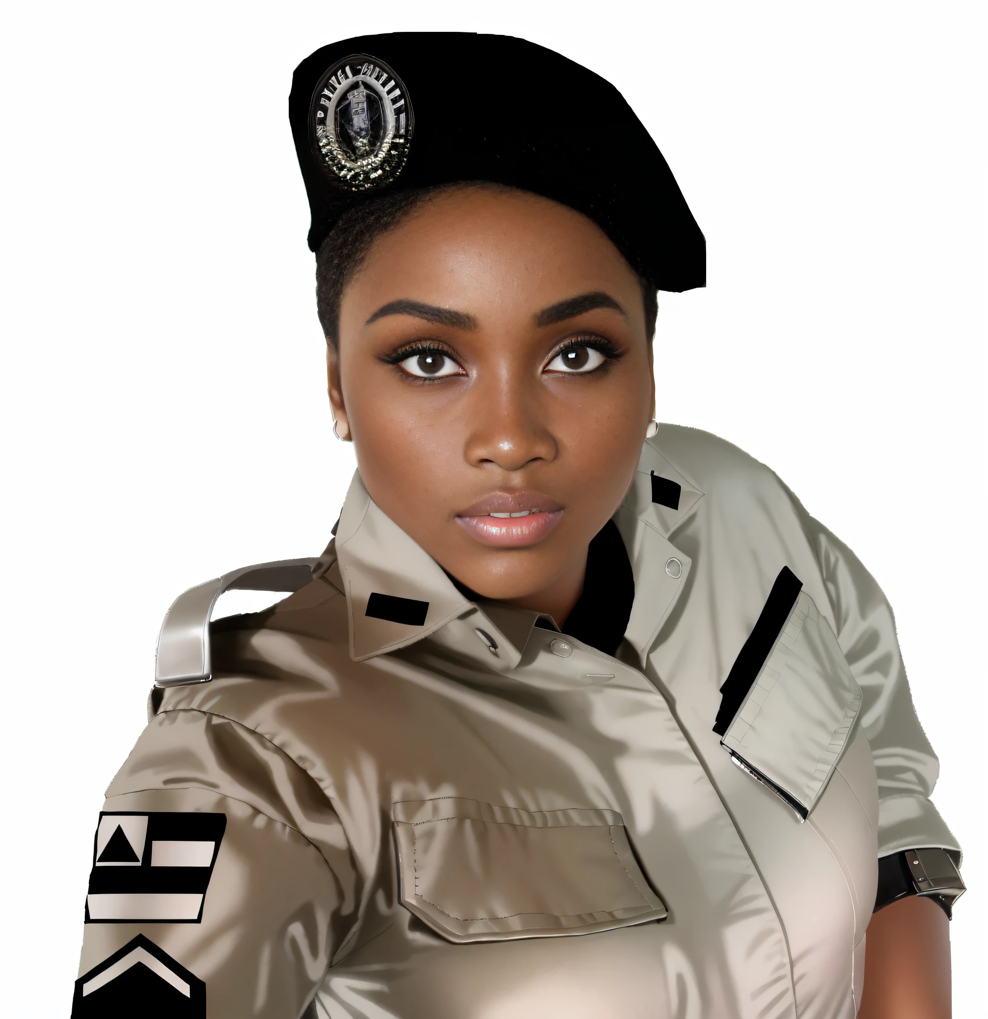 black woman, police woman: 1.4, basic makeup: 1.1, ((brown uniform code #9b8b7b)), military fabric, (military beret defined),(black inner shirt: 1.4), watch on wrist, ball earrings, (Outdoors, day: 1.1), City streets, afro face, big eyes, soft double eyelids,
