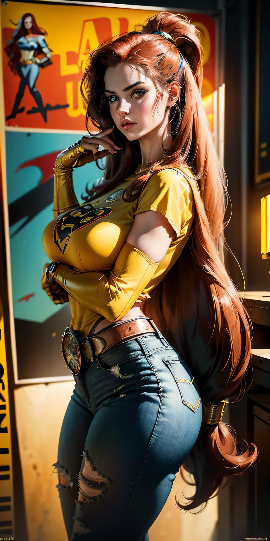 American World War II poster, Gil Elvgren style ((detailed skin)) (((A young woman with long size straight red hair up to the waist in superhero pose with yellow T-shirt and blue jeans))) ((detailed outfit entirely red with gold)) (cars in the background of the image) (((robotic left arm)) (((cyberpunk arm)))adobe lightroom, hero uniform, 1 girl,  Solo, good body, side light, poster art style. 1980s, 1950s, 1960s, 1940s, basic color scheme, very colorful poster, colorful art, third rule, inspiring, woman, 1 25-year-old girl, hair blowing in the wind, looking at the viewer, blurred background, curvy body, green eyes