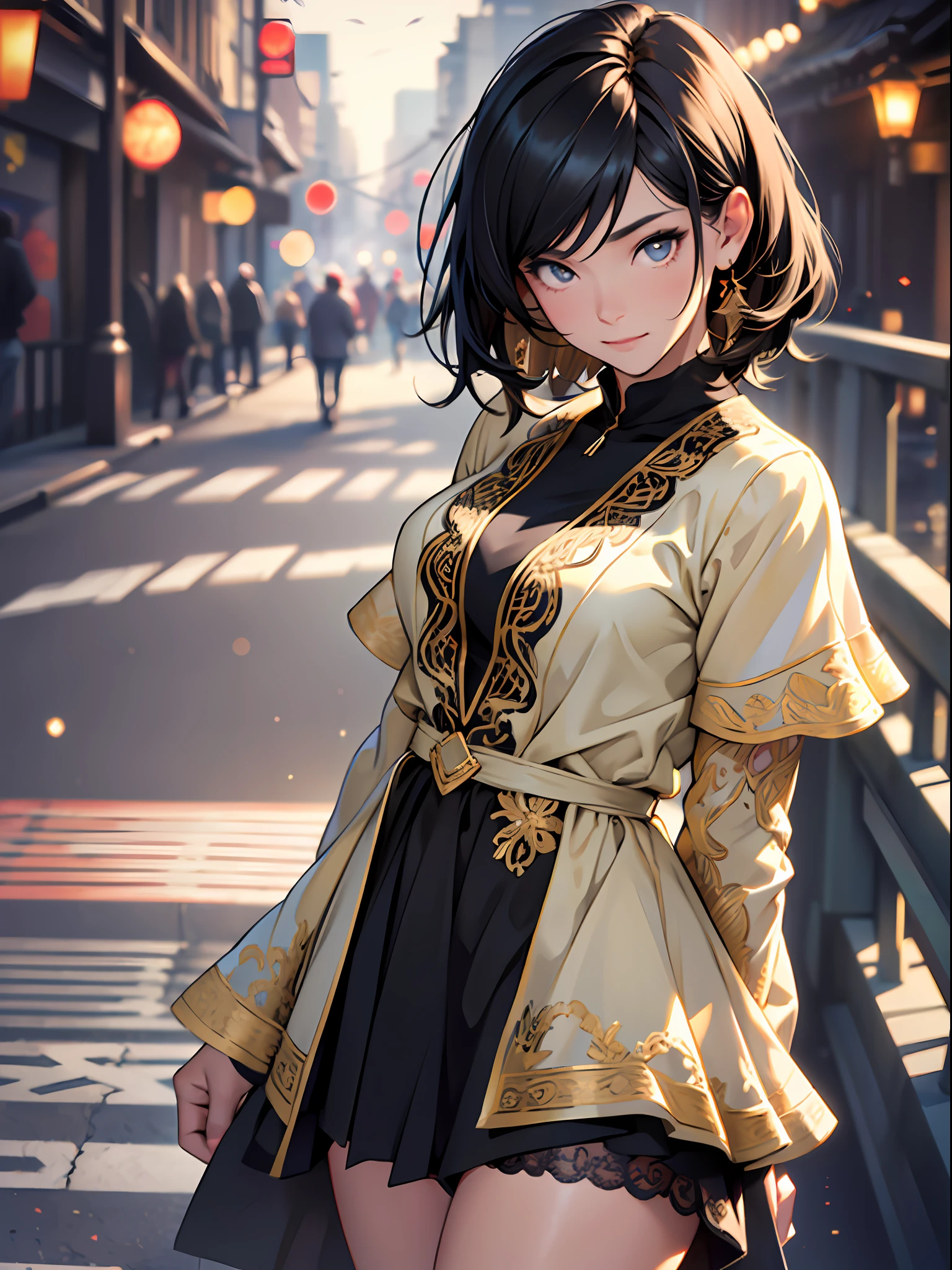 boy with black hair crossing to look at a blond girl near a bridge (masterpiece: 1.2) (Realistic: 1.2) (Bokeh) (Best quality) (Detailed skin: 1.3) (Intricate details) (8K) (Detail Eyes) (Sharp Focus), (Happy)