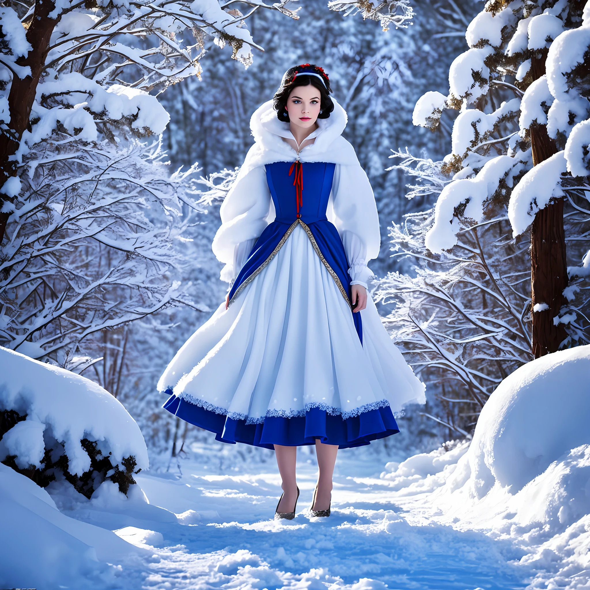 Full body"SNOW WHITE, classic dress, living landscape of Antarctica, shimmering blue eyes, softness and breadth in diffuse lighting, the cold wind swings the snowflakes, SENSUAL, staring at the viewer, walking