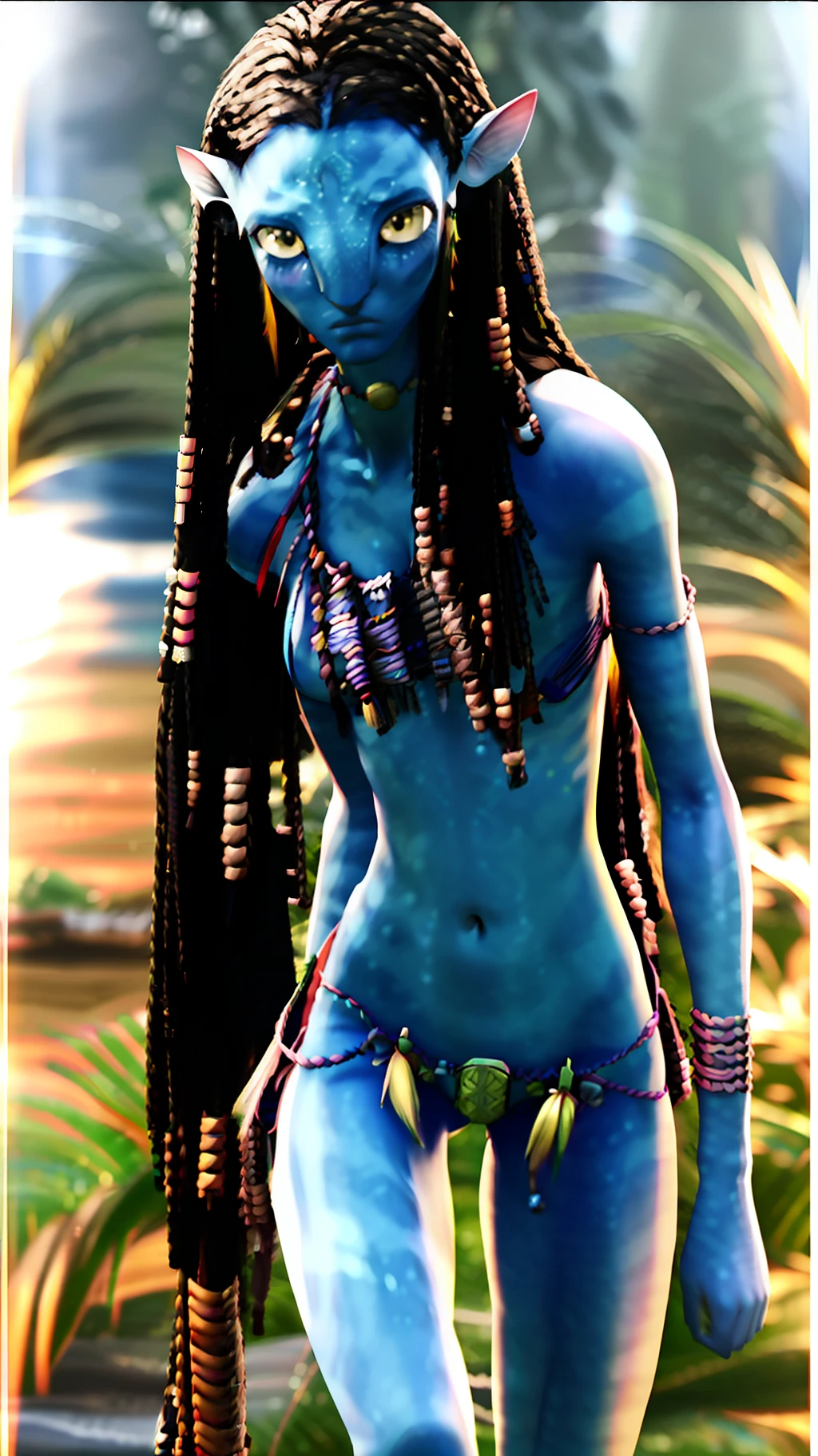 Facial appearance:
Large, yellow eyes with vertical pupils.
Dark blue skin, with lighter blue tribal markings on the face, arms, and body.
Thin and long eyebrows, also blue.
Hair:
Long black hair.
Braided hair weaves with colored beads.
Body:
Average height, approximately 2.5 meters (taking into account the Na'vi proportions).
Slender and athletic body.
Long, agile limbs.
Apparel:
Traditional clothes of the Na'vi tribe, made of natural fabrics such as furs and leaves.
Tribal adornments such as necklaces, bracelets and bracelets