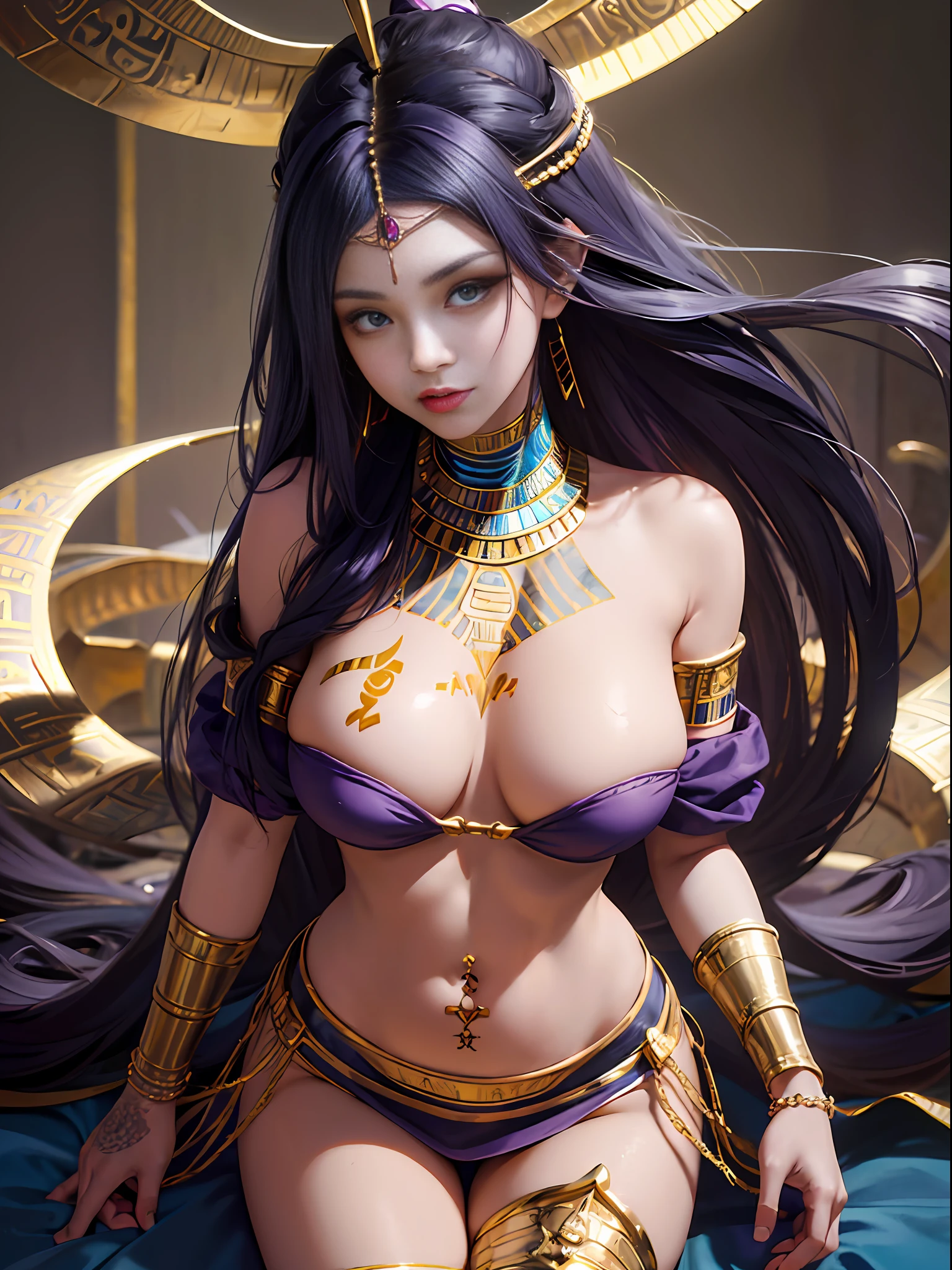 Masterpiece, best quality, illustration, 1beautiful woman, (solo), solo focus, arm tattoo, armband, neckline, medium breasts, long hair, navel, (dark blue hair), purple skirt, solo, tattoo, thighs, toned eyes, extremely detailed, frontal, masterpiece, best quality, absurd, ultra-detailed, soft lighting, looking at the viewer, egyptian woman, wide hips, medium breasts, curvy, shy, (Aqua eyes), (detailed (Black) harem outfit), Egyptian gold jewelry, ((((shoulders) purple Egyptian tattoo), royal gold pyramid, Dutch angle, multiple (Egyptian) women servants in the background,