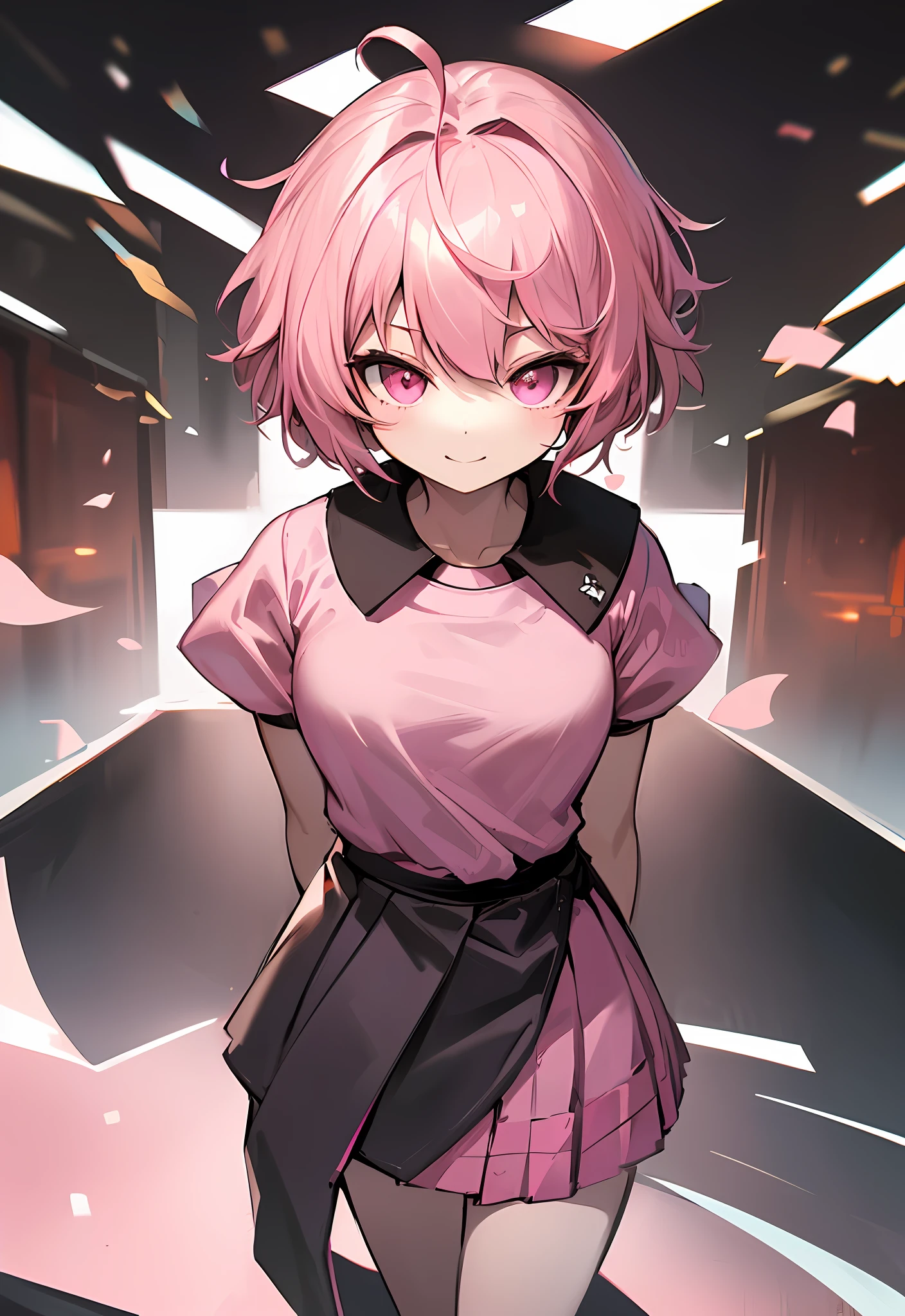 ((masterpiece, best quality)), (1girl), (solo), (female focus), (ahoge, pink hair, short hair), pink eyes, light smile, ((pink shirt), (shirt with neckline)), ((black skirt), (short skirt)), standing, white background, arms behind back, looking forward, roblox symbol