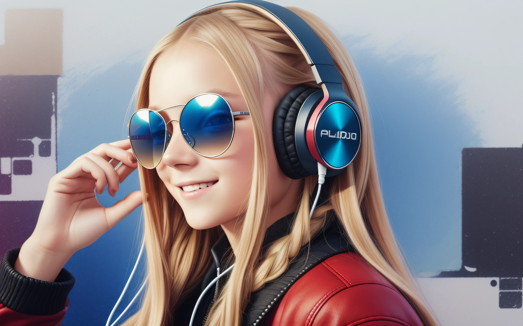 girl 12 years old, long blonde hair of braids,portrait, with headphones and sunglasses, smiling and holding hands up, RED LEATHER JACKET, girl wearing headphones, listening to music, wearing headphones, with headphones, with headphones, wearing a headset, vibrating with music, listening to pious music,  Using headphone jack, using headset for gaming, tinnitus, high quality portrait, headphones on, , digital art H 9 6 0,, (white background: 1.3). , A closeup of a CD and a CD box on a table, Packshot, CDs, CD Jacket, DVD Package, Medium Close Shot, Detailed Product Image, Medium Wide Shot, Medium Closeup, Close Medium Shot, New Boards of Canada album cover, soft vinyl, round format, Boards of Canada album cover, BLU - Ray Transfer 5 K,  Fujifilm"
