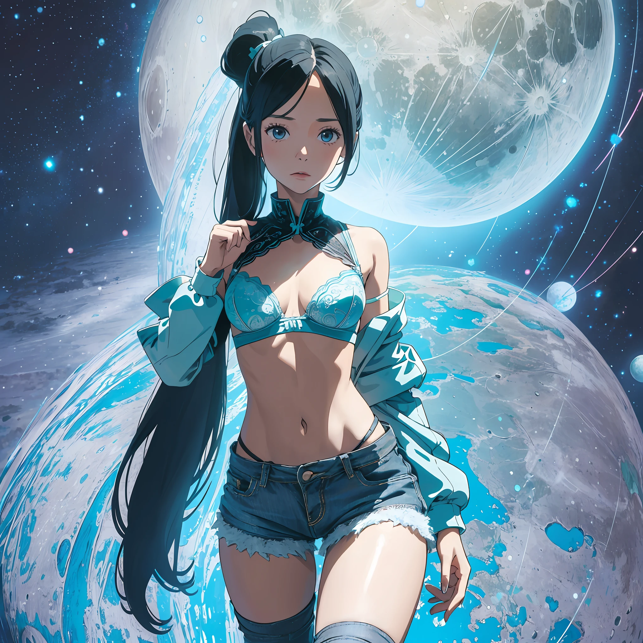 1 western girl, slim body, human levitation, tight coat, cyan lace bra, s(very small eios), white jean shorts, long straight hair ponytail, black and white colored hair, lunar terrain in background --auto --s2