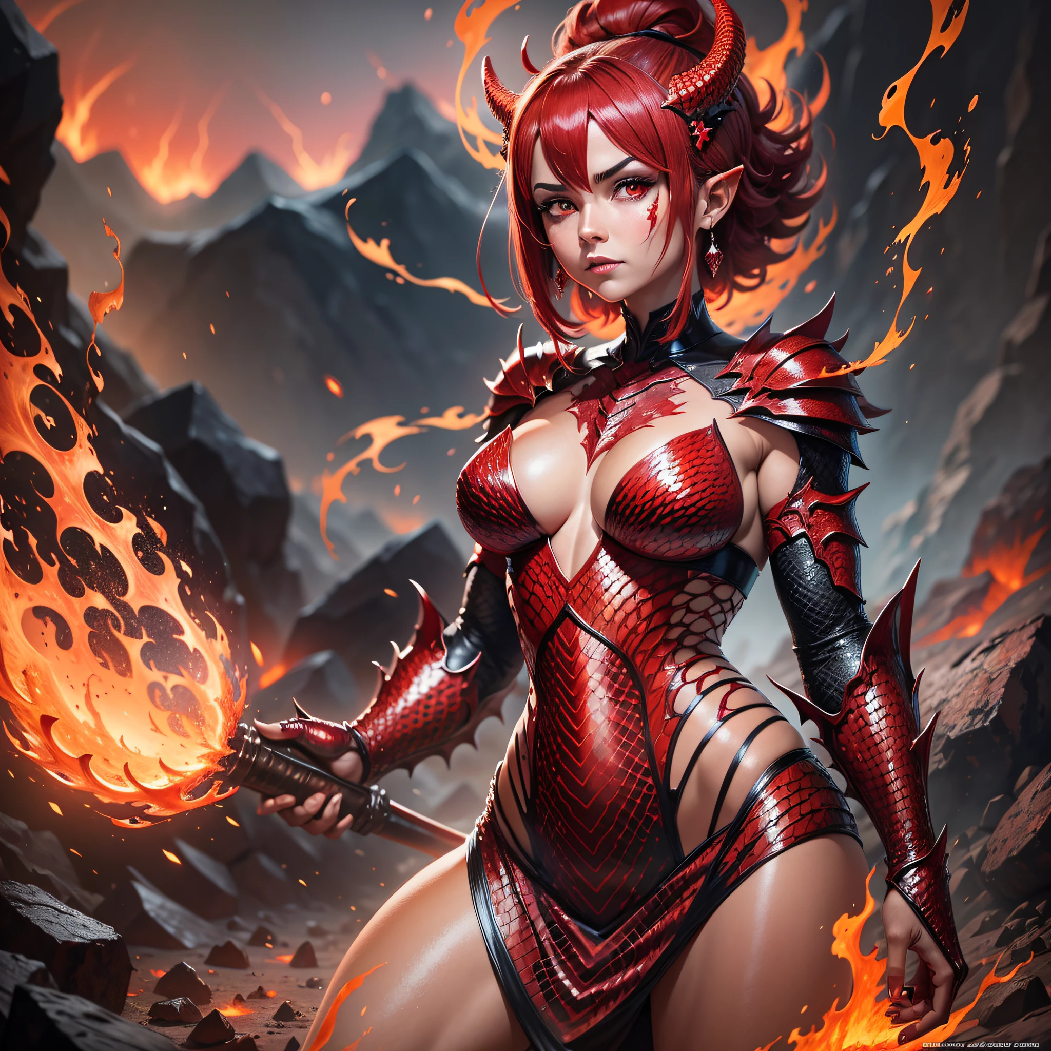 Dragon Magma Woman. Its stout body is covered with scales of an intense red, which glow like burning embers. Volcanoes. magma. Cinema images.
