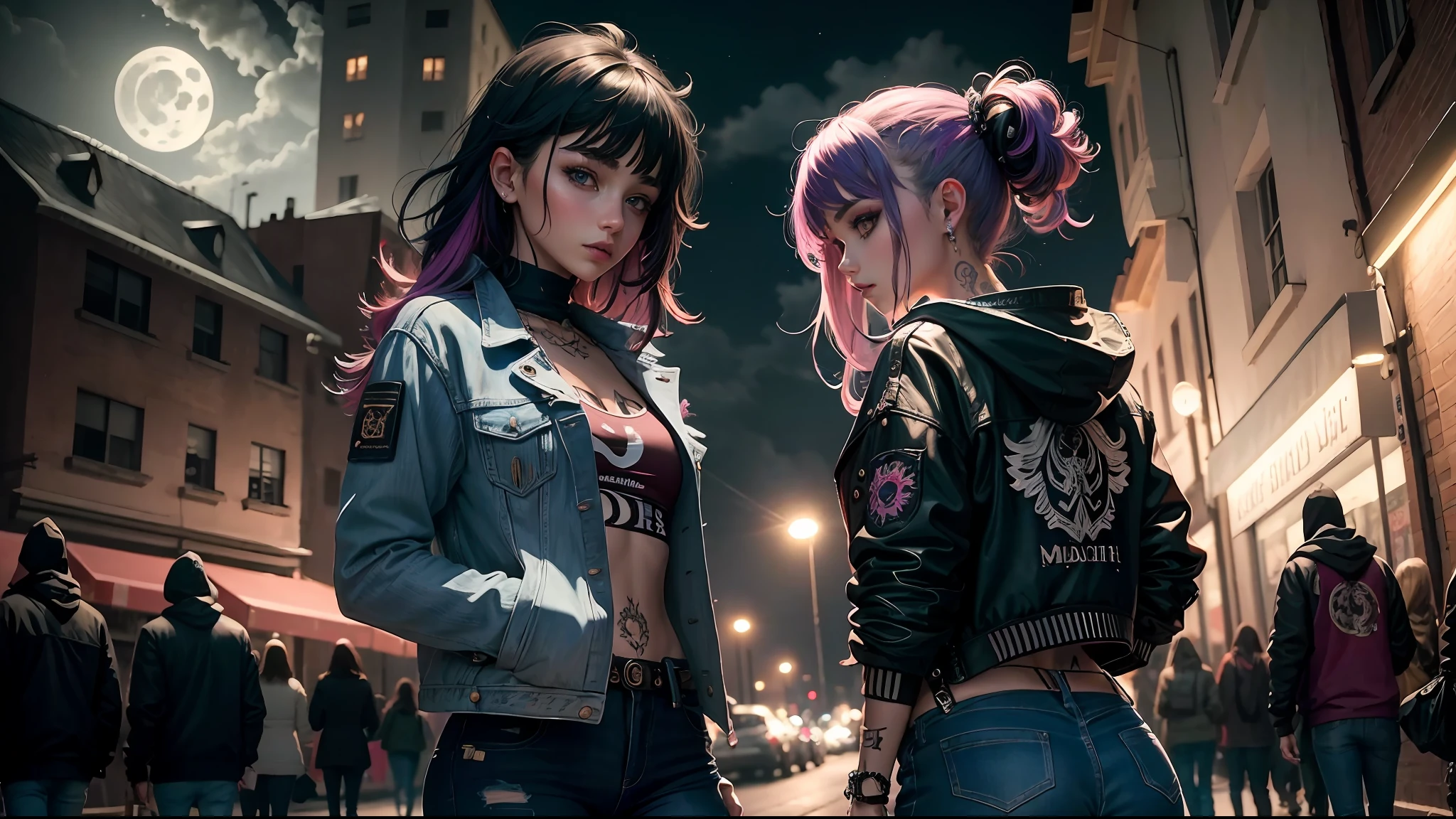 (masterpiece, best quality), 1girl, emo, beautiful hair, colorful hair, intricate jacket, jeans, magical tattoos, perfect night, moonlight, street