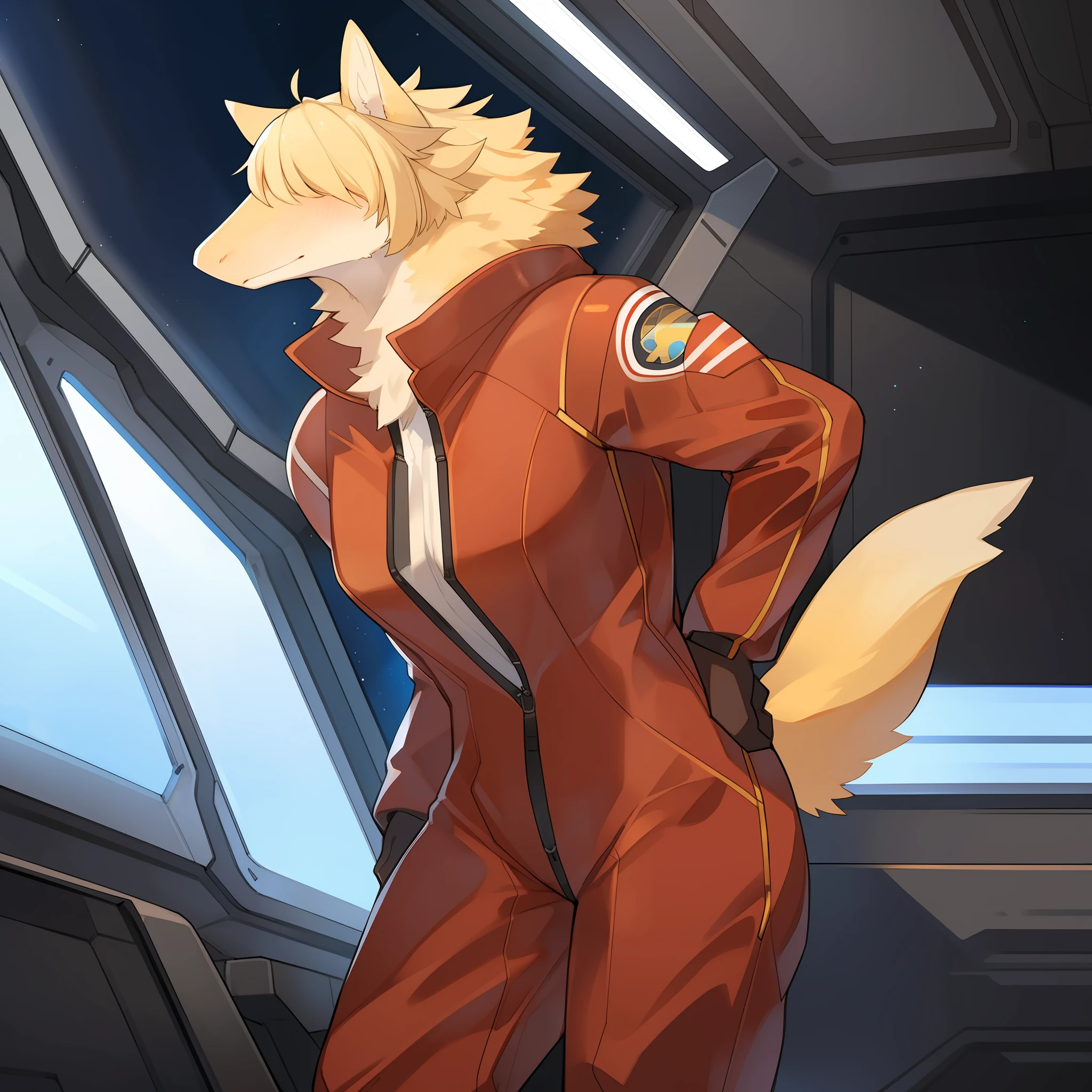 Solo, female, by kame3, by kishibe, by lvlirror, by bebebebebe, (((snout, long snout, pointy snout, pointed snout))), yellow fur, golden fur, hair covering eyes, short hair, blonde hair, muscular, athletic, big, large, spaceship, space, window, red jumpsuit, red spacesuit,