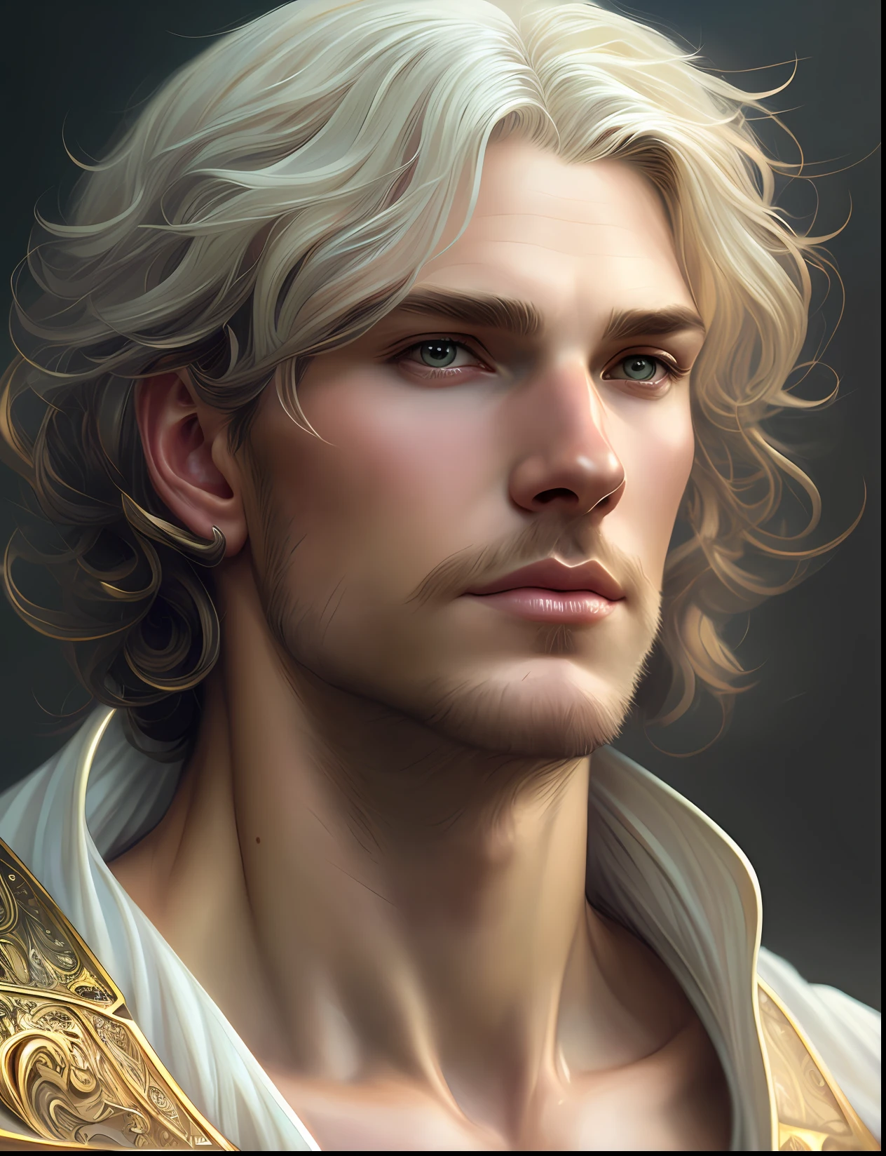 Up close portrait of a male angel, d & d, face, fantasy, intricate, elegant, highly detailed, digital painting, artstation, concept art, smooth, sharp focus, illustration, art by artgerm and greg rutkowski and alphonse mucha