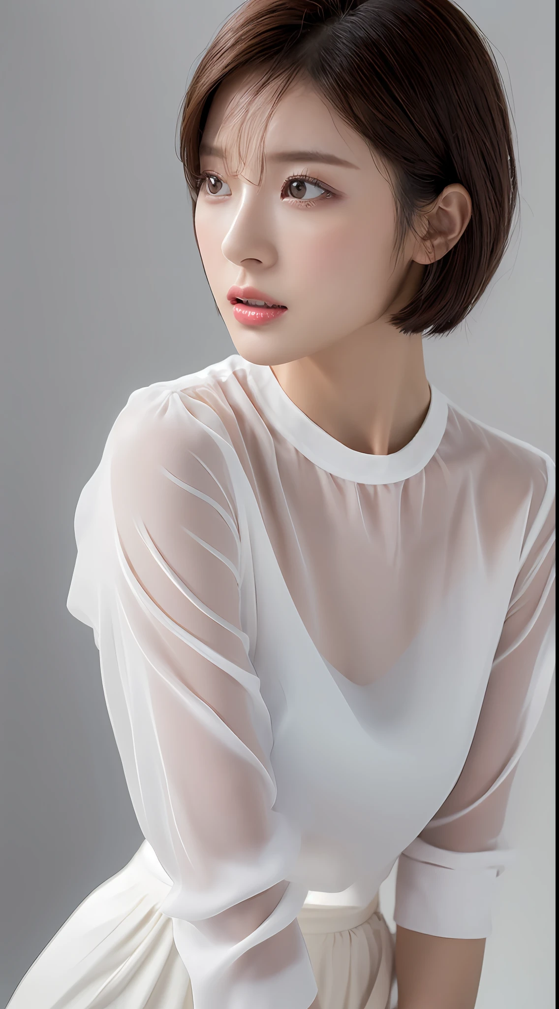 a beautiful and realistic black model with short hair, light eyes, light pink mouth and a white blouse in front of a grey background of a studio