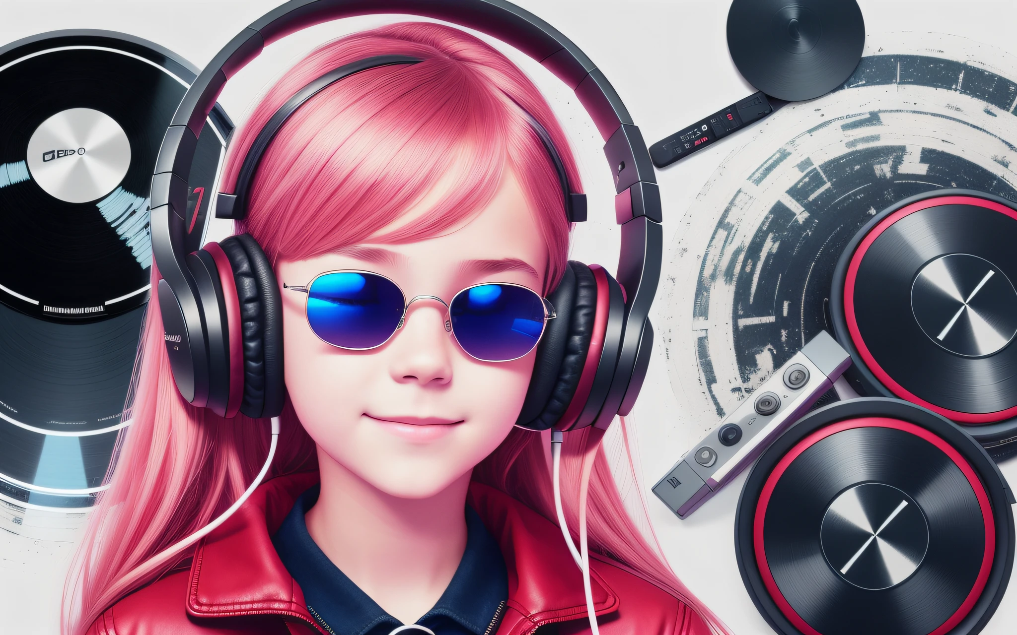 girl , long blonde hair of braids,portrait, with headphones and sunglasses, smiling and holding hands up, RED LEATHER JACKET, girl wearing headphones, listening to music, wearing headphones, with headphones, with headphones, wearing a headset, vibrating with music, listening to pious music, Using headphone jack, using headset for gaming, tinnitus, high quality portrait, headphones on, , digital art H 9 6 0,, (white background: 1.3). , A closeup of a CD and a CD box on a table, Packshot, CDs, CD Jacket, DVD Package, Medium Close Shot, Detailed Product Image, Medium Wide Shot, Medium Closeup, Close Medium Shot, New Boards of Canada album cover, soft vinyl, round format, Boards of Canada album cover, BLU - Ray Transfer 5 K, Fujifilm"