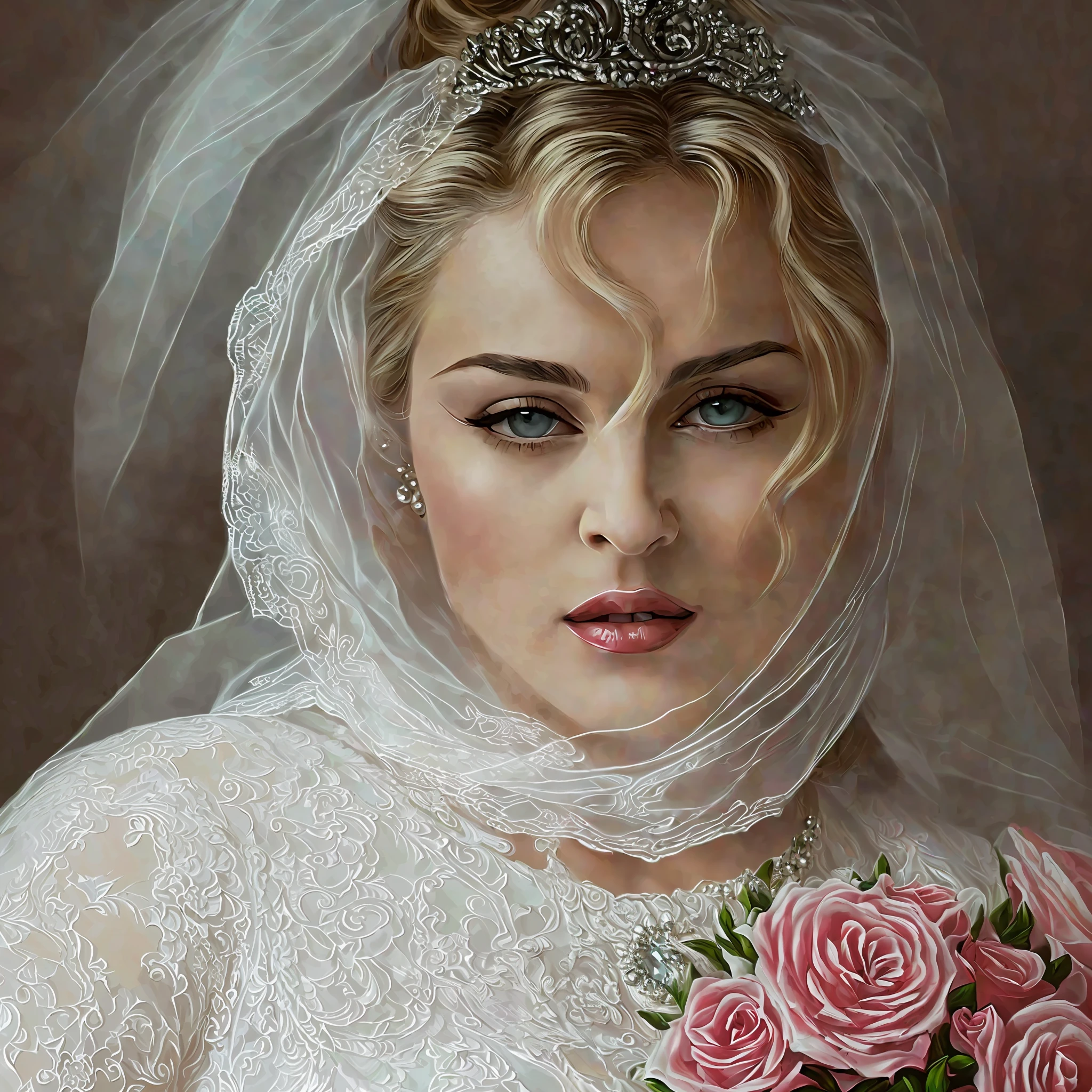 There is a woman in a wedding dress lying on a bed, portrait of Madonna, Madonna, in digital painting style, elegant Madonna Genderbend, in digital art style, HQ Artwork, detailed portrait of Madonna, beautiful lady, digital art masterpiece, seductive lady, digital art of an elegant queen, beautiful, in digital illustration style, 8k,  (8k).