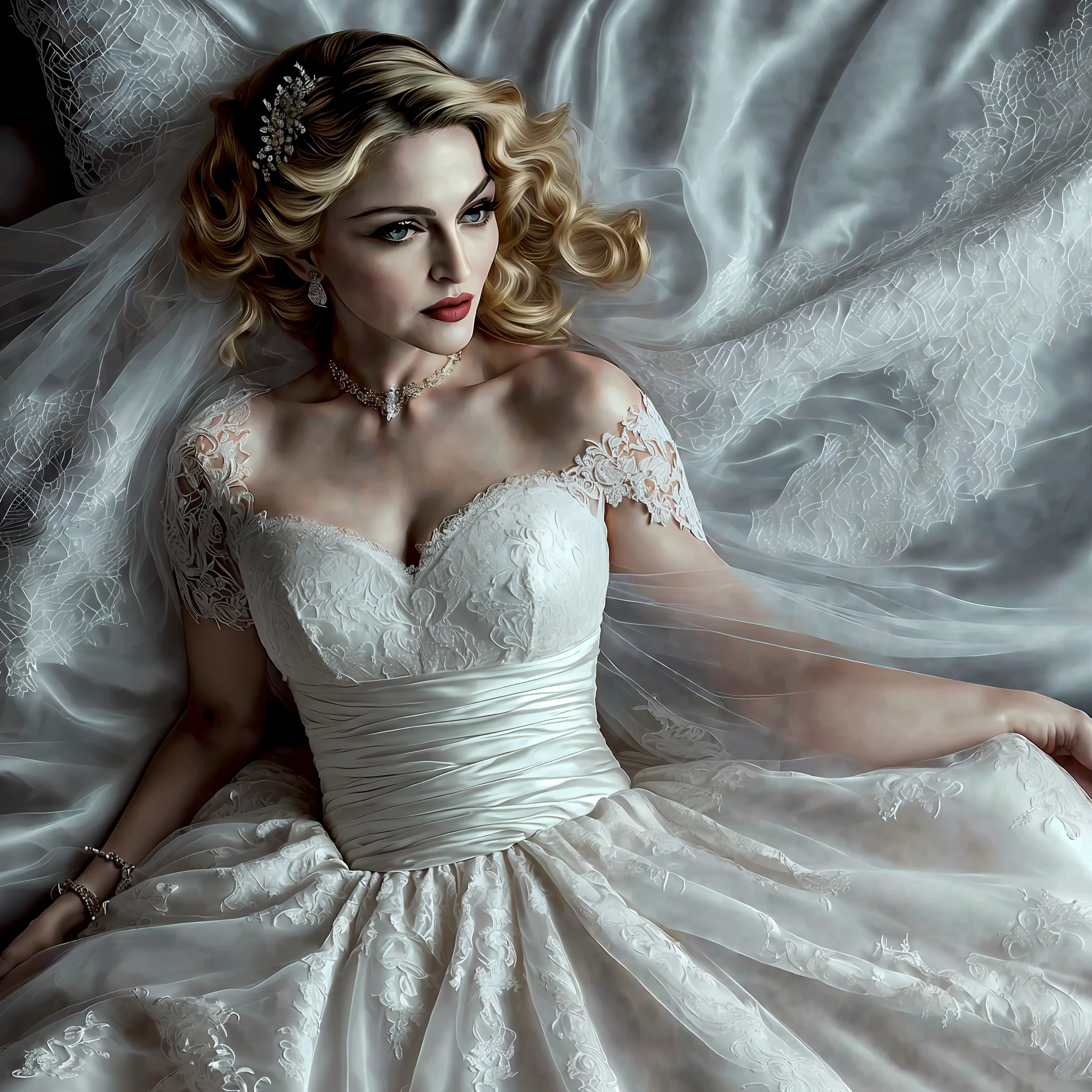 There is a woman in a wedding dress lying on a bed, portrait of Madonna, Madonna, in digital painting style, elegant Madonna Genderbend, in digital art style, HQ Artwork, detailed portrait of Madonna, beautiful lady, digital art masterpiece, seductive lady, digital art of an elegant queen, beautiful, in digital illustration style, 8k, (8k).