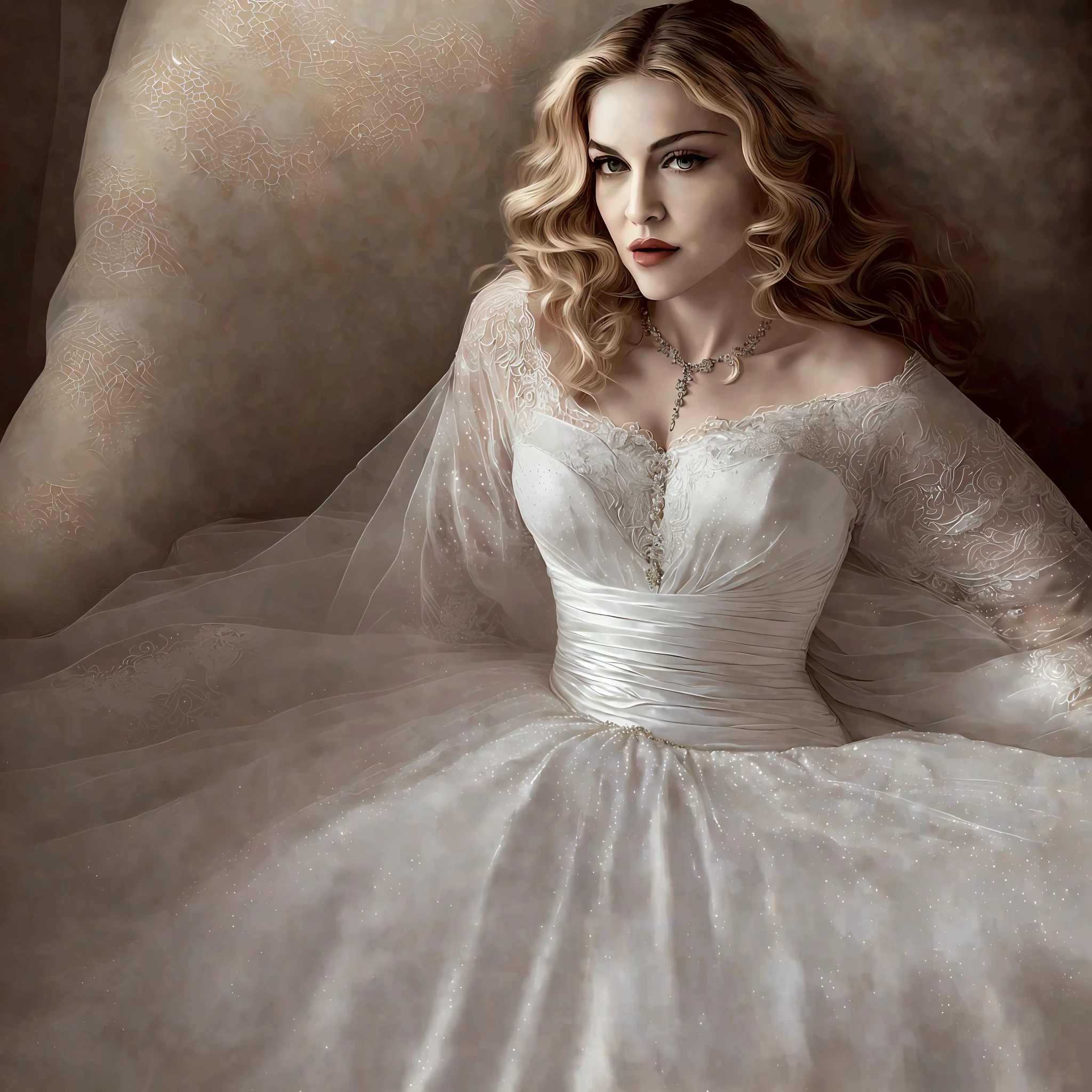 There is a woman in a wedding dress lying on a bed, portrait of Madonna, Madonna, in digital painting style, elegant Madonna Genderbend, in digital art style, HQ Artwork, detailed portrait of Madonna, beautiful lady, digital art masterpiece, seductive lady, digital art of an elegant queen, beautiful, in digital illustration style, 8k, (8k).