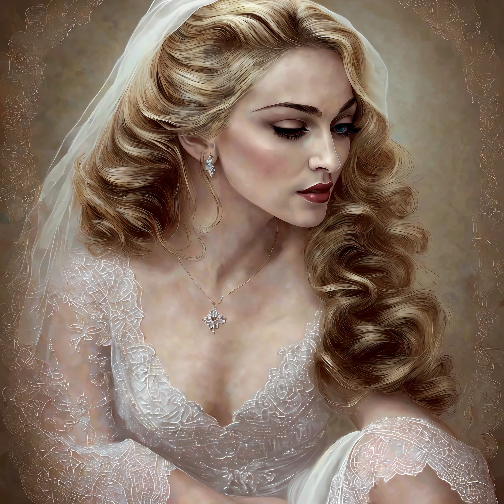 There is a woman in a wedding dress lying on a bed, portrait of Madonna, Madonna, in digital painting style, elegant Madonna Genderbend, in digital art style, HQ Artwork, detailed portrait of Madonna, beautiful lady, digital art masterpiece, seductive lady, digital art of an elegant queen, beautiful, in digital illustration style, 8k,  (8k).