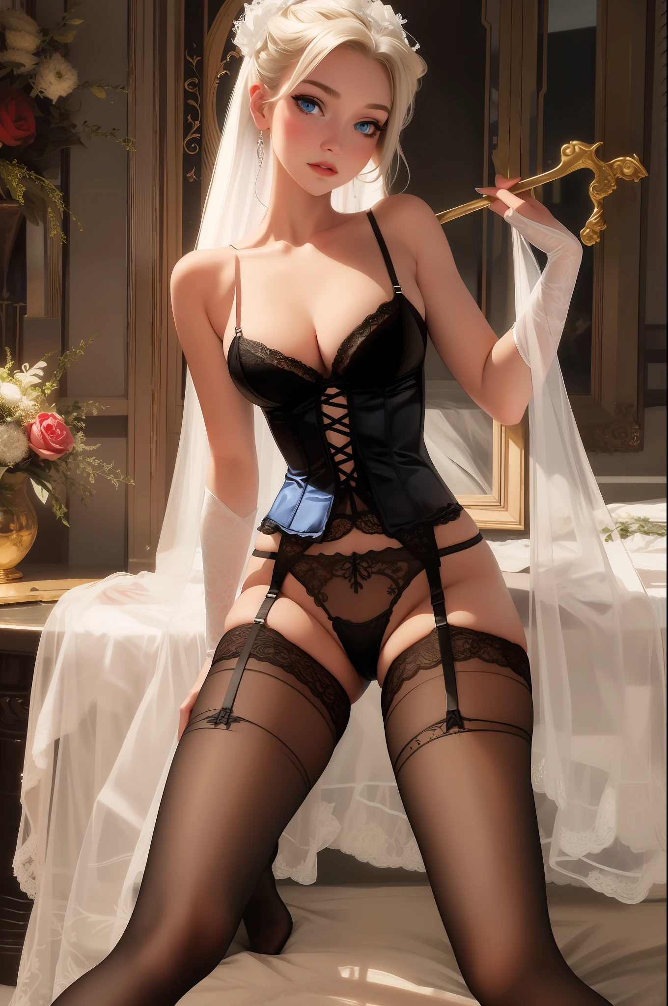 Best quality, masterpiece, (Elsa:0.8), upper body, blue eyes, full body, wearing lingerie and stockings with garters