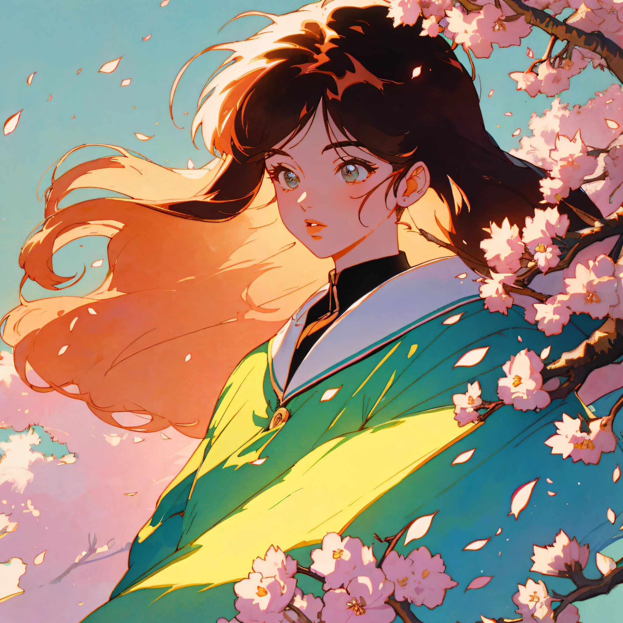 retro artstyle,watercolor,(masterpiece,8k wallpaper, best quality),(best illumination, best shadow, an extremely delicate and beautiful),ultra detailed,intricate details,colorful ,rich in color,
upper body shot ,side light, vanishing point , global illumination ,,perspective,dynamic pose, dynamic angl,
1 girl, long  hair, messy bangs,full lips,solo,cute ,Mature ,beautiful woman ,  
, , cherry tree, , wind , petals flying,