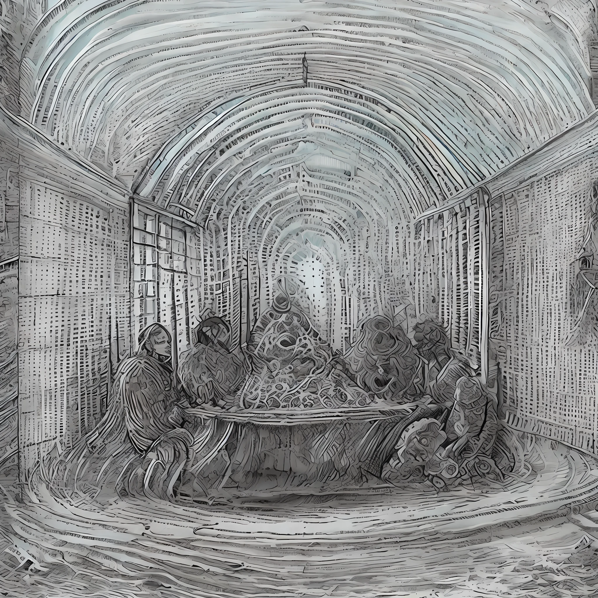 A handmade drawing in black and white on a parchment, round table, a celestial room, overnight with ((gods sitting looking and smiling)), celestial, masterpiece, detailed, handmade, artbook, pencil, art, (Leonardo da Vinci), abandoned, destroyed, homeless, shadow, darkness, light, celestial